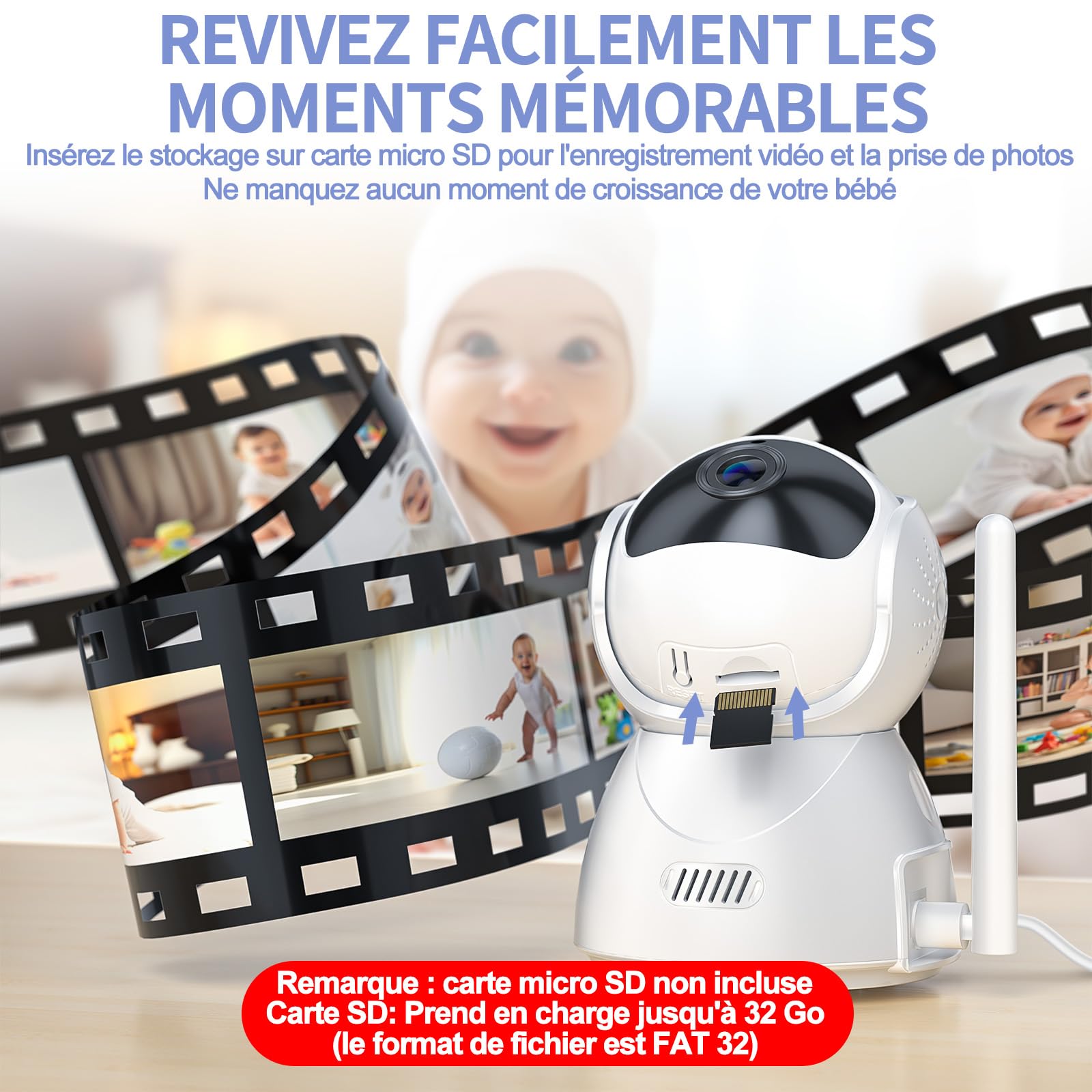 OBVHNUA Babyphone Camera 4,3" 720P Baby Phone Vidéo Moniteur Bébé Zoom Enregistrement sur Carte SD Pan-Tilt VOX Vision Nocturne Audio Bidirectionnelle Capteur de Température 8 Berceuses 5 Réveil