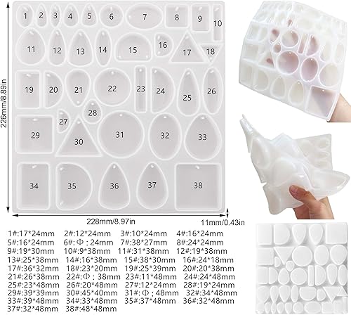 Miniatura 4 de Szecl - Juego de 38 moldes de resina para colgante de joyería de 38 cavidades, molde colgante de silicona con agujero, gema de cabujón redondo,