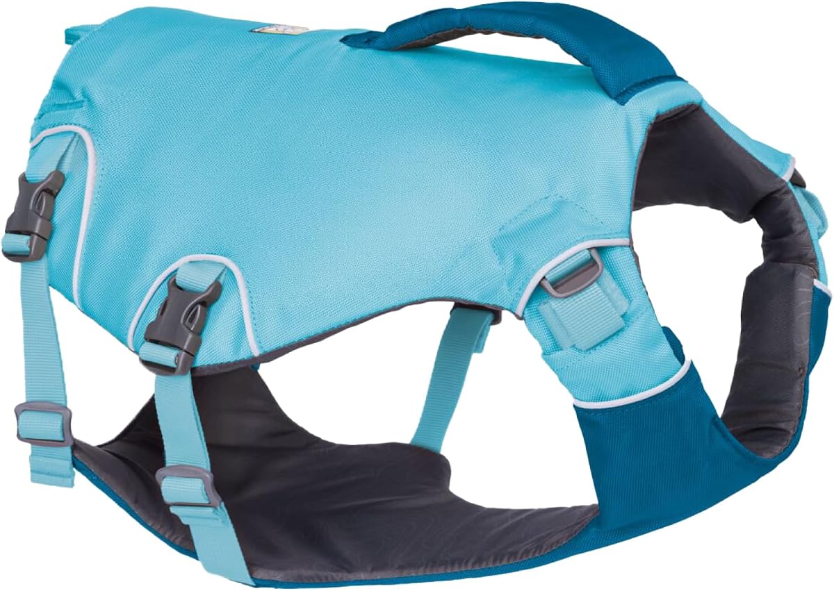 Ruffwear, Confluence Chaleco salvavidas para perros, cómodo y ajustable chaleco salvavidas para perros con asas reforzadas, conexión de correa y detalles reflectantes, azul bioluminio, grande