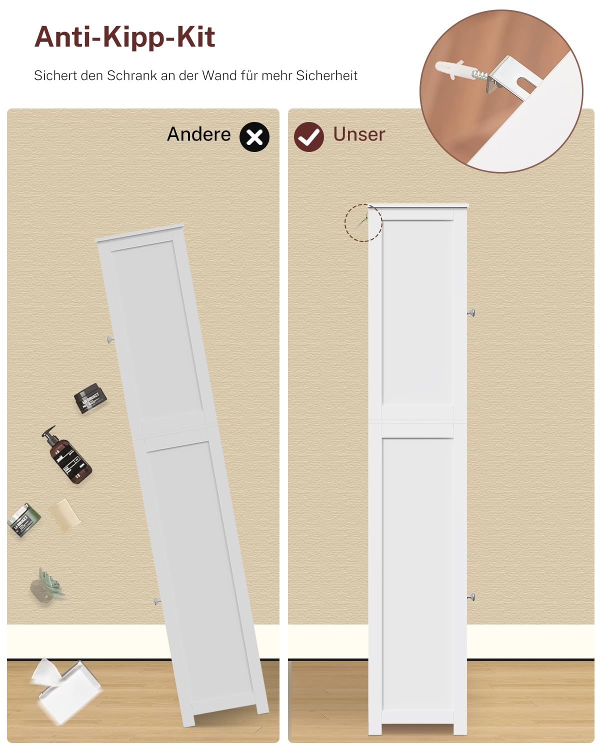 TEENFON Badezimmerschrank Schmal mit voller 40 cm Breite，Badschrank mit 2 Türen und 1 Schublade, Hochschrank mit Verstellbaren Regalen für Badezimmer, Wohnzimmer, Flur, Küche, 40x30x170 cm, Weiß