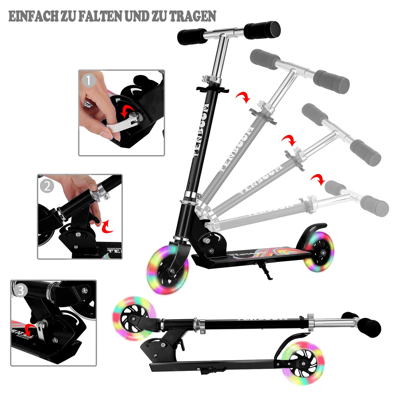 TENBOOM Roller Kinder ab 3 Jahre, 2 Räder Klappbar Scooter,3 Höhenverstellbare Kinderroller,Led-räder Kinderscooter für Mädchen Jungen