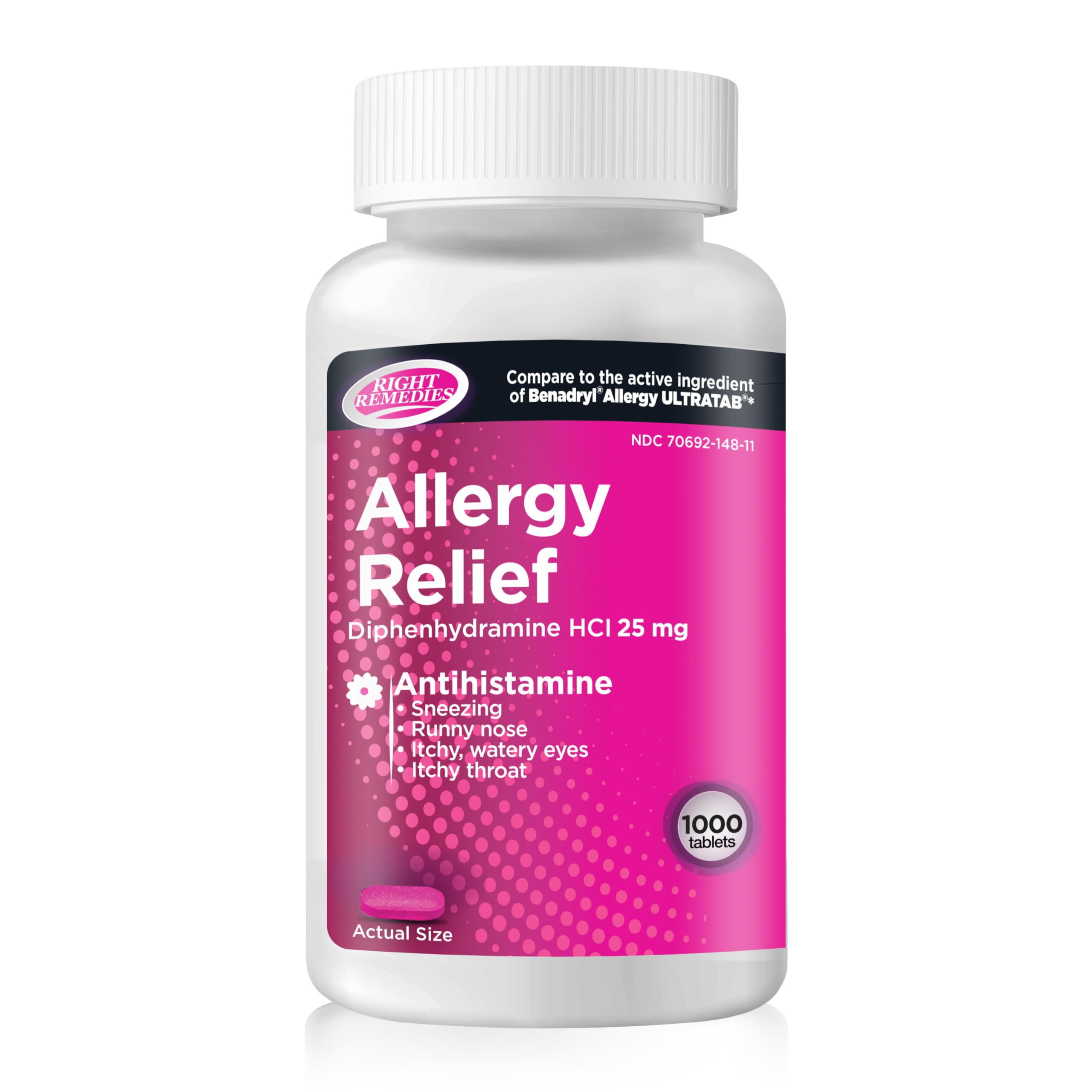 Allergy Relief Antihistamine, Diphenhydramine HCl 25mg, Generic Benadryl Ultratabs, Relieves Seasonal Indoor or Outdoor Upper Respiratory Allergies, 1000 Count