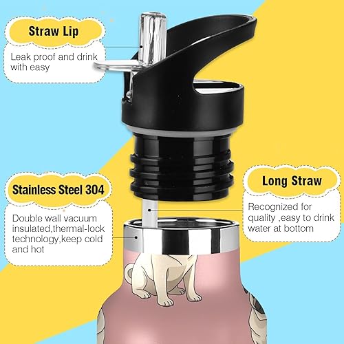 Miniatura 3 de Kids Water Bottle with Straw 20 Oz, Kids Stainless Steel Vacuum Insulated Water Bottle for Travel or School, BPA-Free, Beige Pugs Pink
