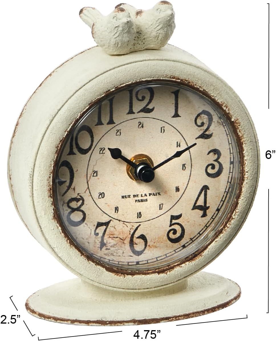 Creative Co-Op Vintage Pewter Mantel Clock with Birds, Distressed Cream