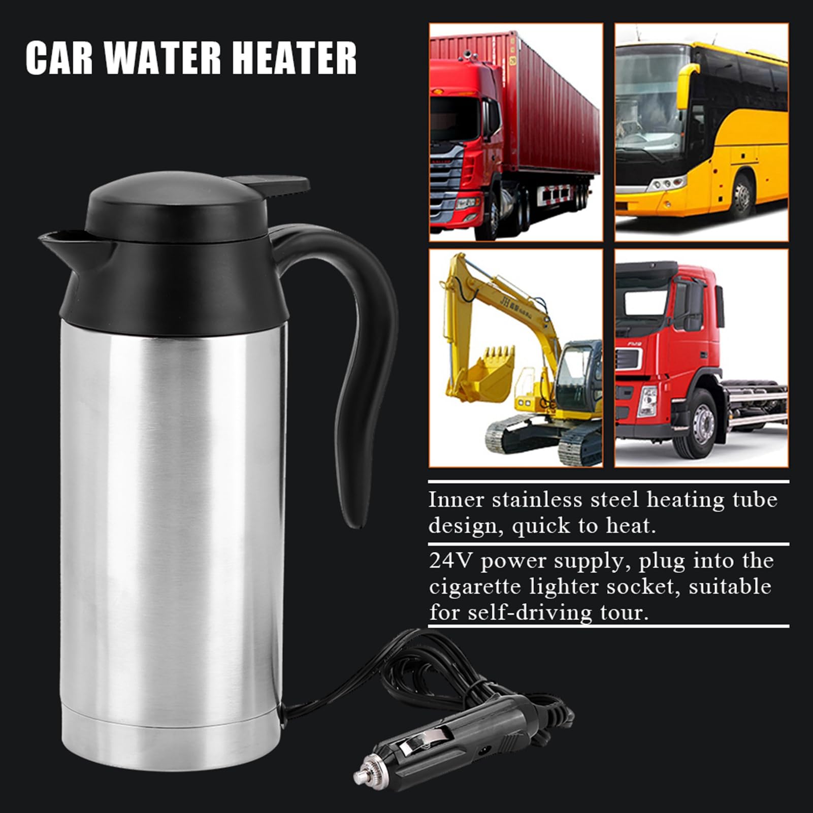 Hervidor de Agua de 24V para Camión, Calentador de Agua para Camiones, Acero Inoxidable + Pp, Portátil, 750Ml, 24V, Coche de Viaje, Camión, Hervidor de Agua, Botella de Calentador
