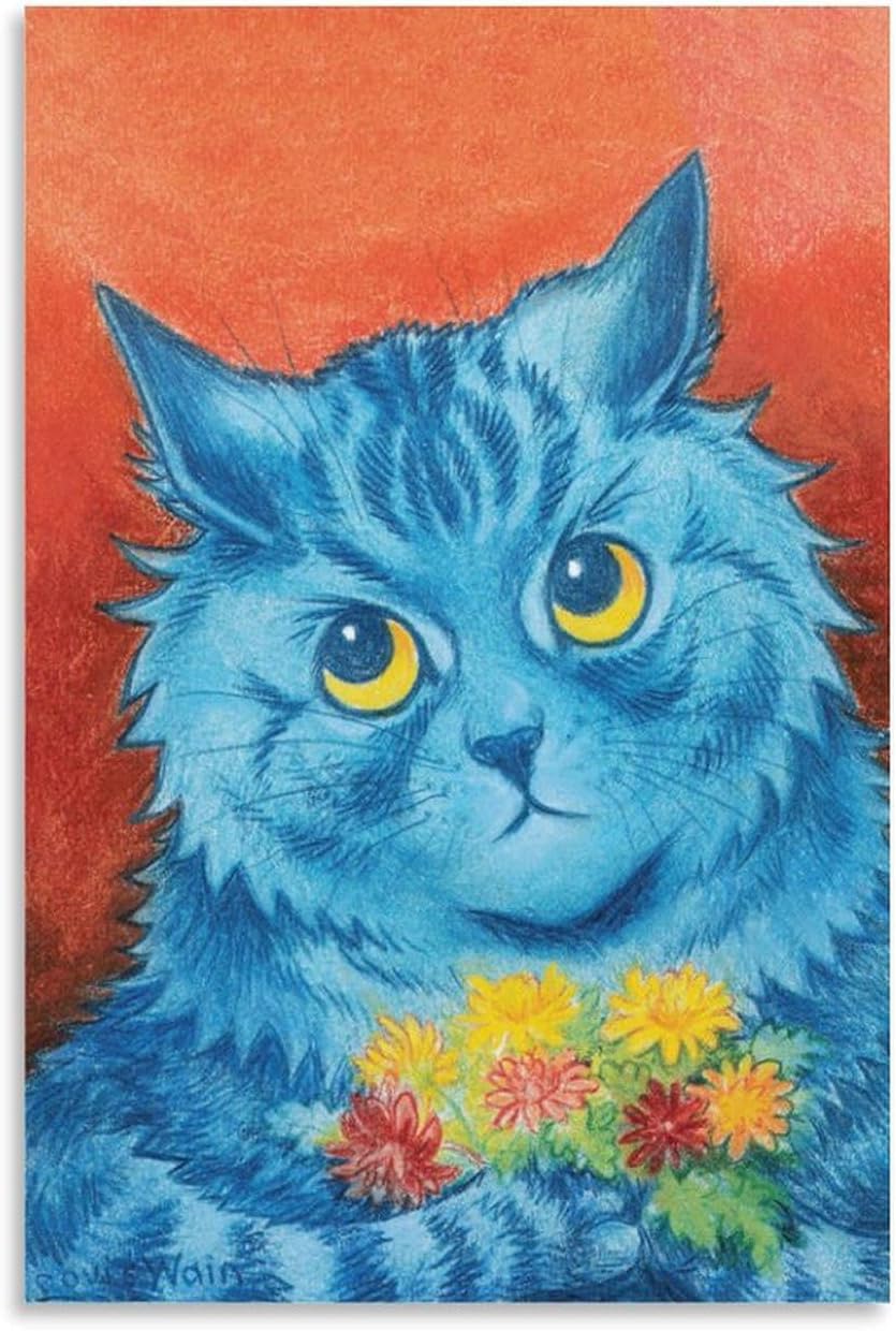 ZZYGGN GMGSW Louis Wain Poster《Blue cat and Floral》Canvas Painting Classic Louis Wain Wall Art Aesthetic Animal Prints for Home Decor Picture 16x20in Unframed