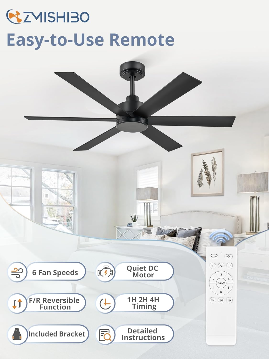 ZMISHIBO 48 Inch Ceiling Fan No Light, Black Ceiling Fan Without Light, 6 Blades, Quiet Reversible DC Motor, 6-Speeds, Modern Ceiling Fan for Living Room, Bedroom, Patio, Indoor/Outdoor Use
