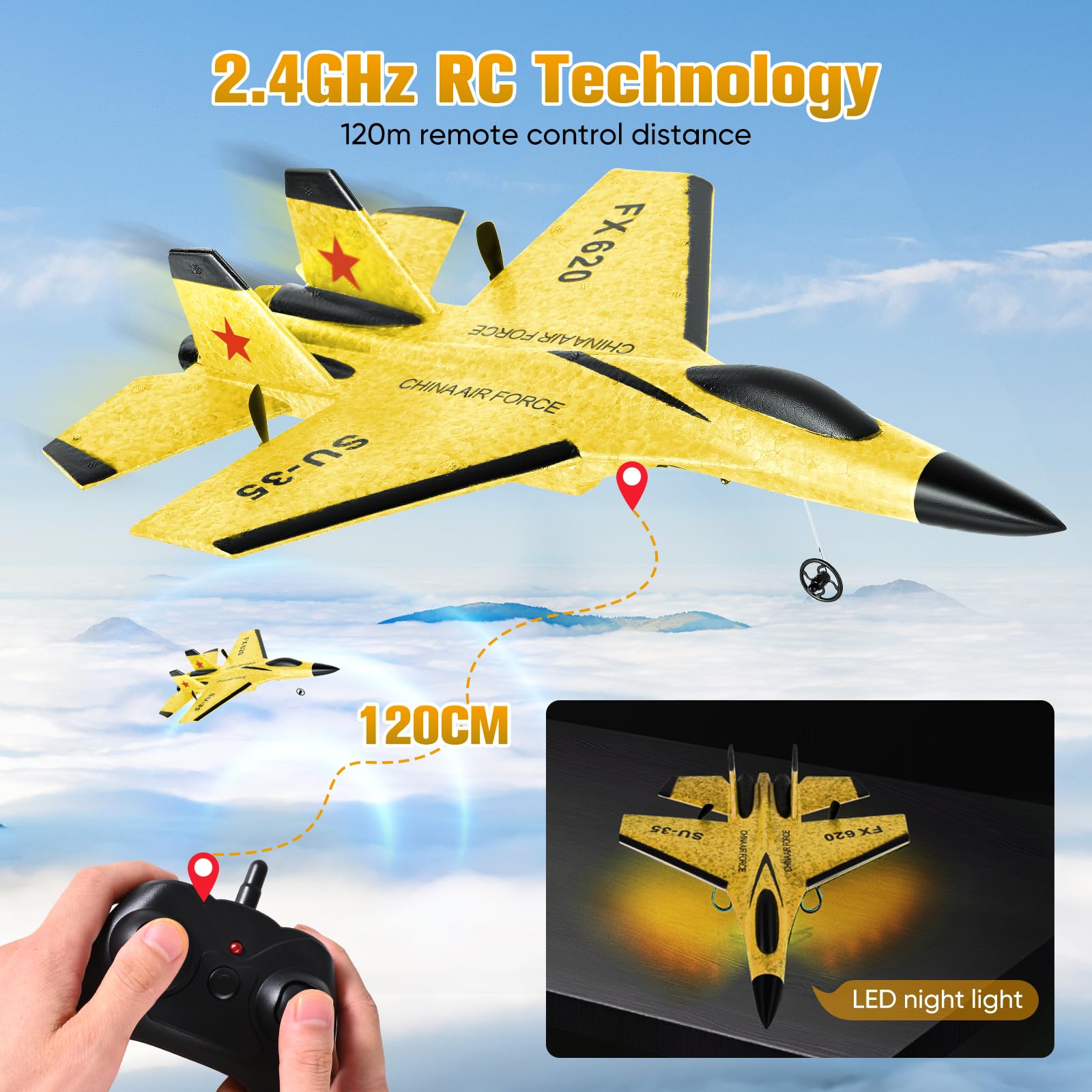 Aereo RC 2,4 GHz, Aereo Telecomandato con Giroscopio a 3 Assi, Aereo da Combattimento in Schiuma 2 Canali con 2 Batterie e Luci LED, Facile da Pilotare per Principianti Bambini Adulti, Giallo