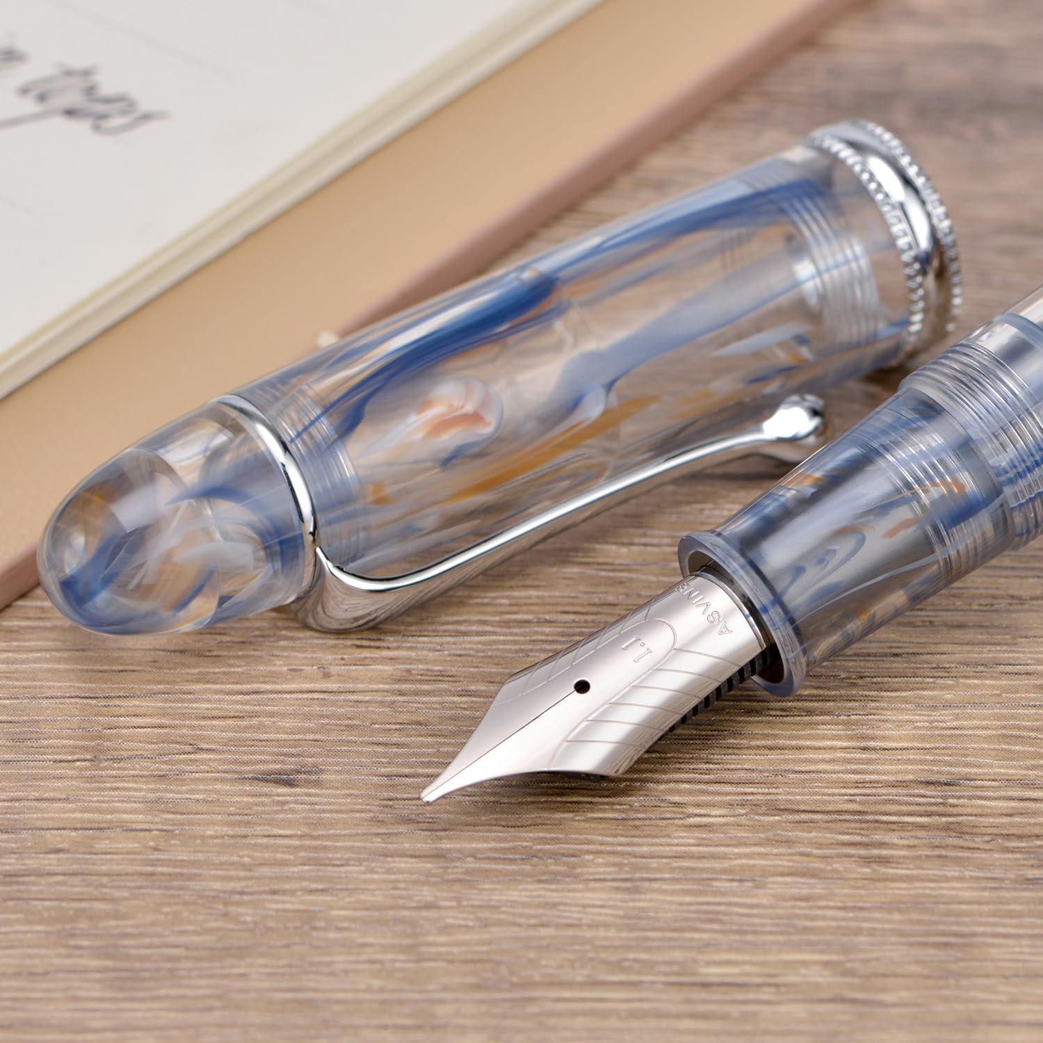 Asvine V800 Fountain Pen -Vacuum Filling System with Large Ink Capacity-Number 8 Stub Nib 1.1mm Calligraphy Art Drawing with Wrench - Blue Brown - Image 4