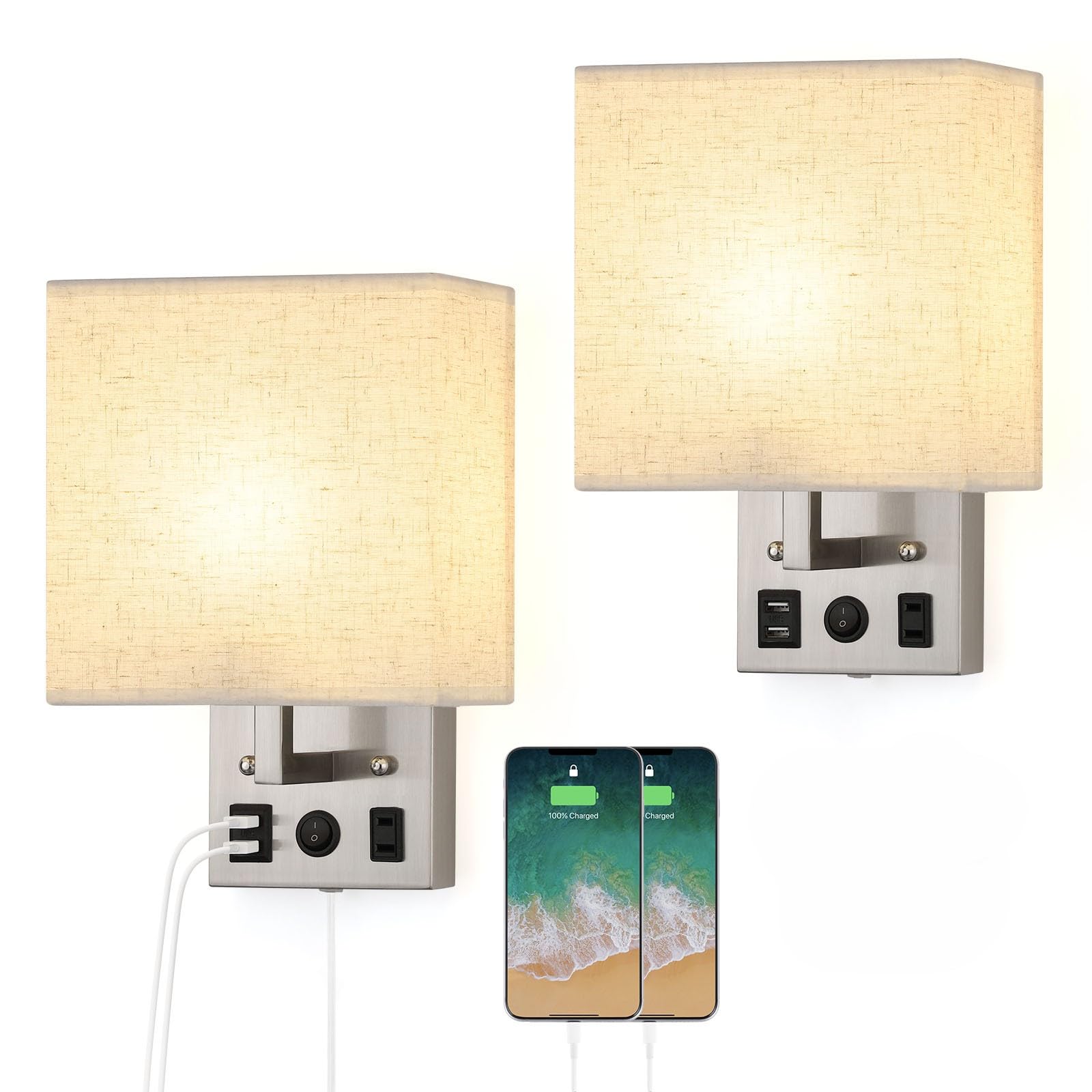 Vrisa Wall Sconces Wall Lamps for Bedrooms Set of 2 Plug in Bedside Lights Wall Mounted with USB Ports Outlet Modern Wall Light Fixtures for Bedroom Living Room Silver(2 Bulbs Included)