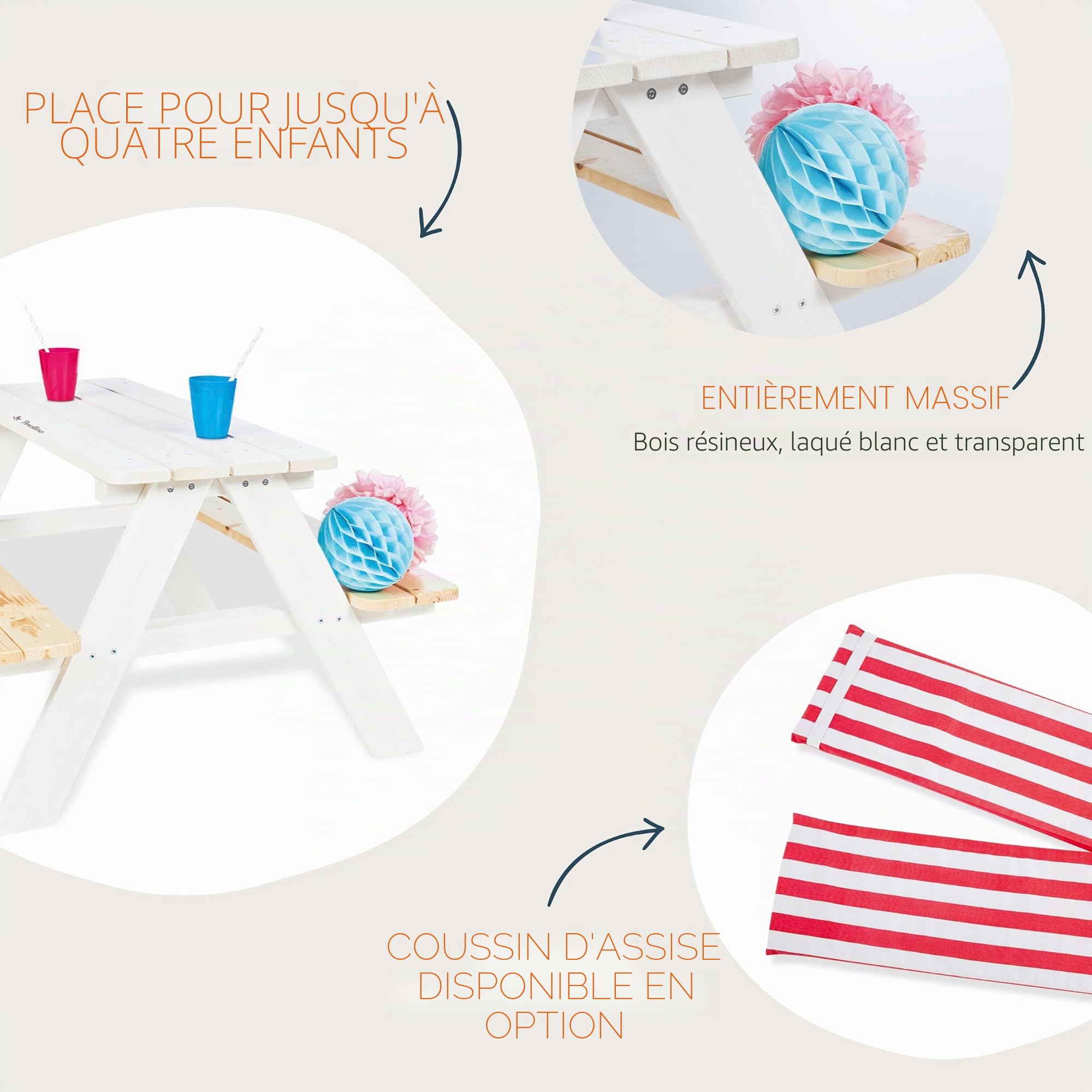 Pinolino Ensemble de Table et bancs 'Nicki pour 4', Massif : Bois de conifères, lasure Blanc et Claire, pour Enfants à partir de 2 Ans