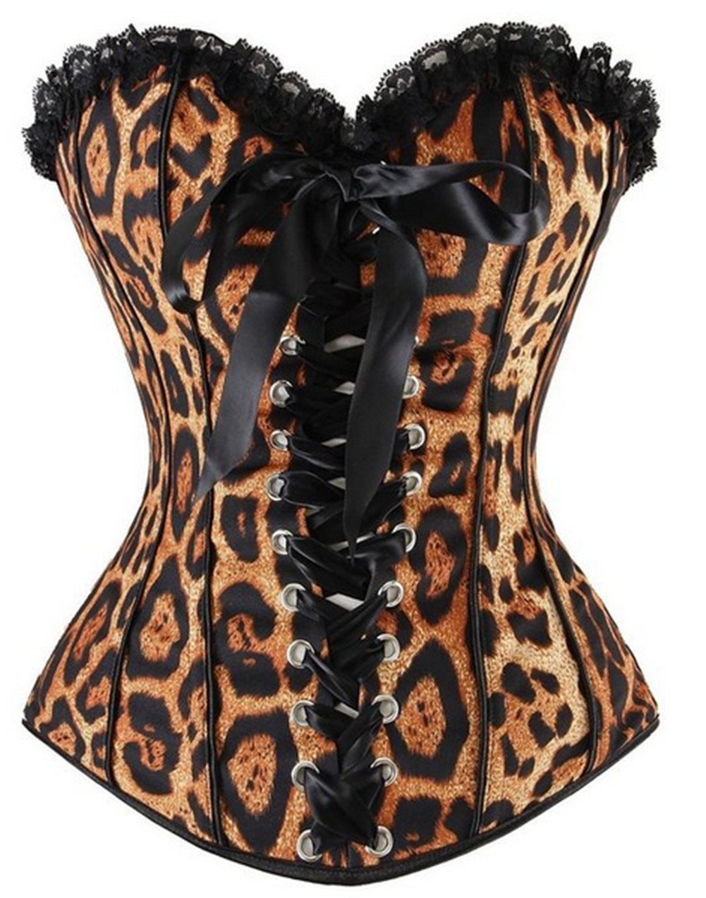 Kuose Women's Leopard Waist Cincher Lace Up Front Overbust Corset Basque Bustier Top (Uk(6-8) S, )