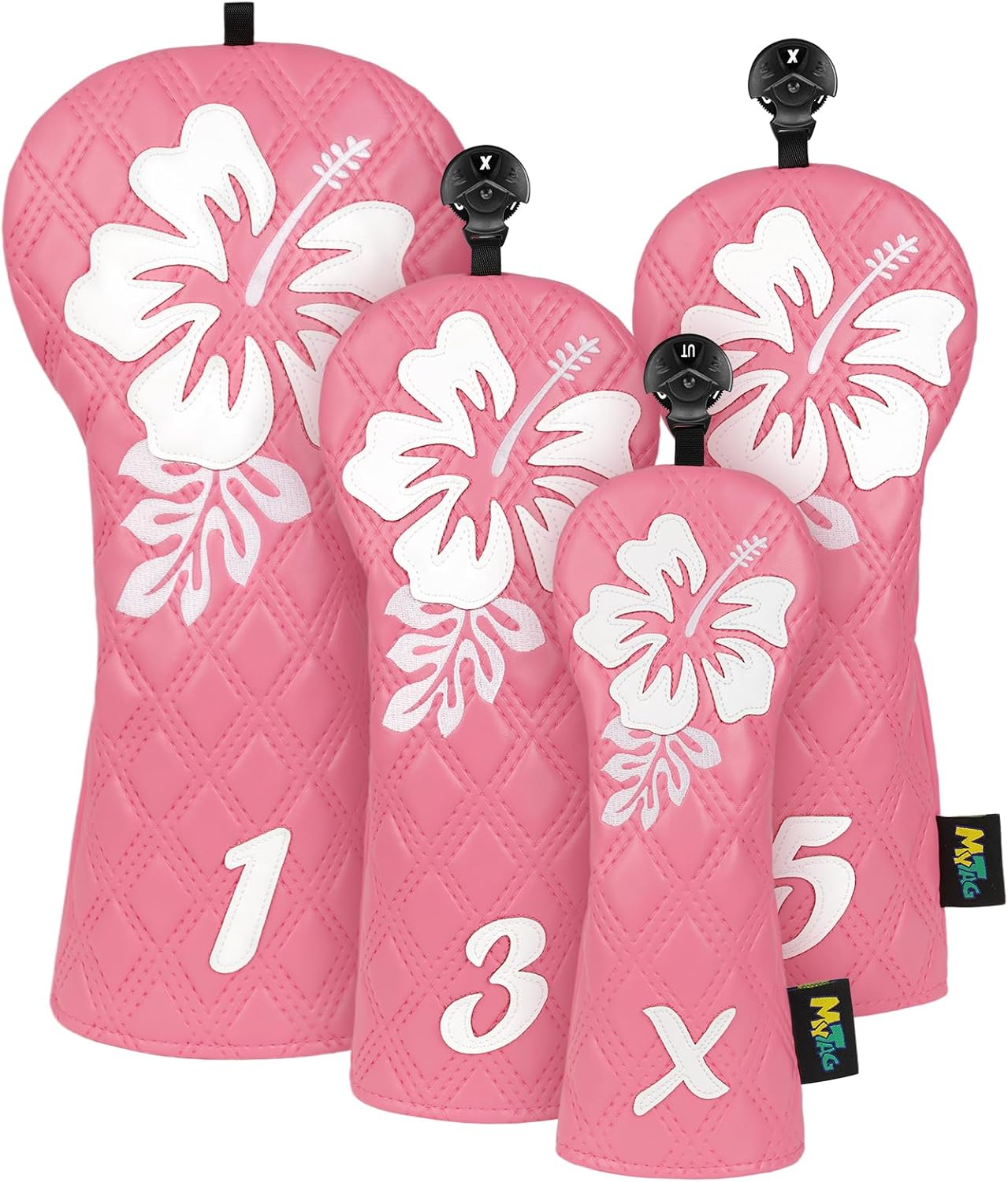 mytag Pink Golf Club Head Covers 4 Pack, Hibiscus Flowers Golf Headcovers Set with Patch & Embroidery Driver 3/5 Wood Hybrids/Rescue Covers