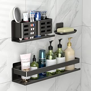 YESENT Black Aluminum Alloy Shower Caddy 40cm Three Piece Set Thickened and Sturdy Bathroom Storage Shelf, No Punching or ...