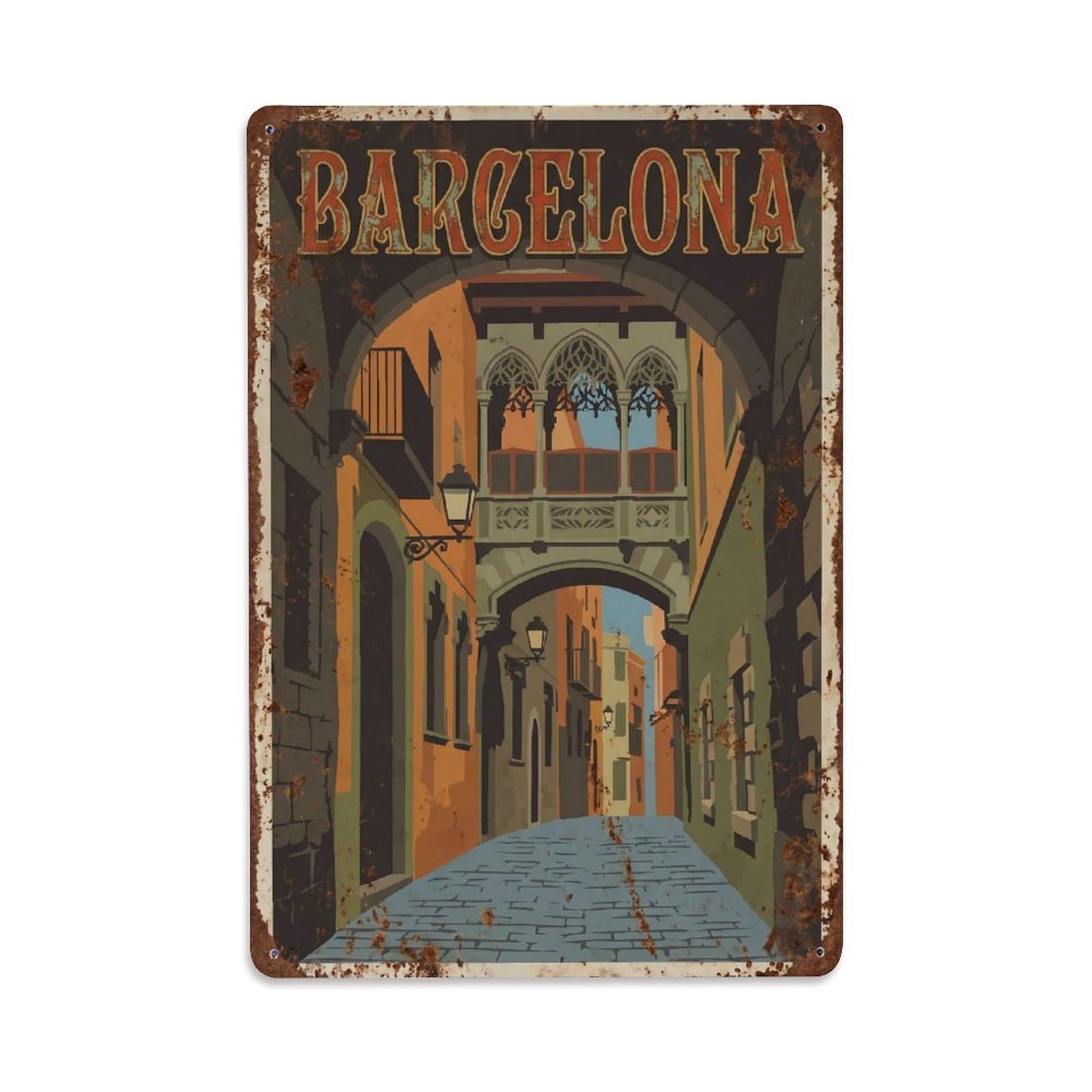 Okngb Style Barcelona Gothic Quarter Mediterranean Retro Travel Metal Tin Sign Plaque Wall Decor For Cafe, Man Cave, Club Bar, Office, Home Garden Round Metal Poster 8X12inch