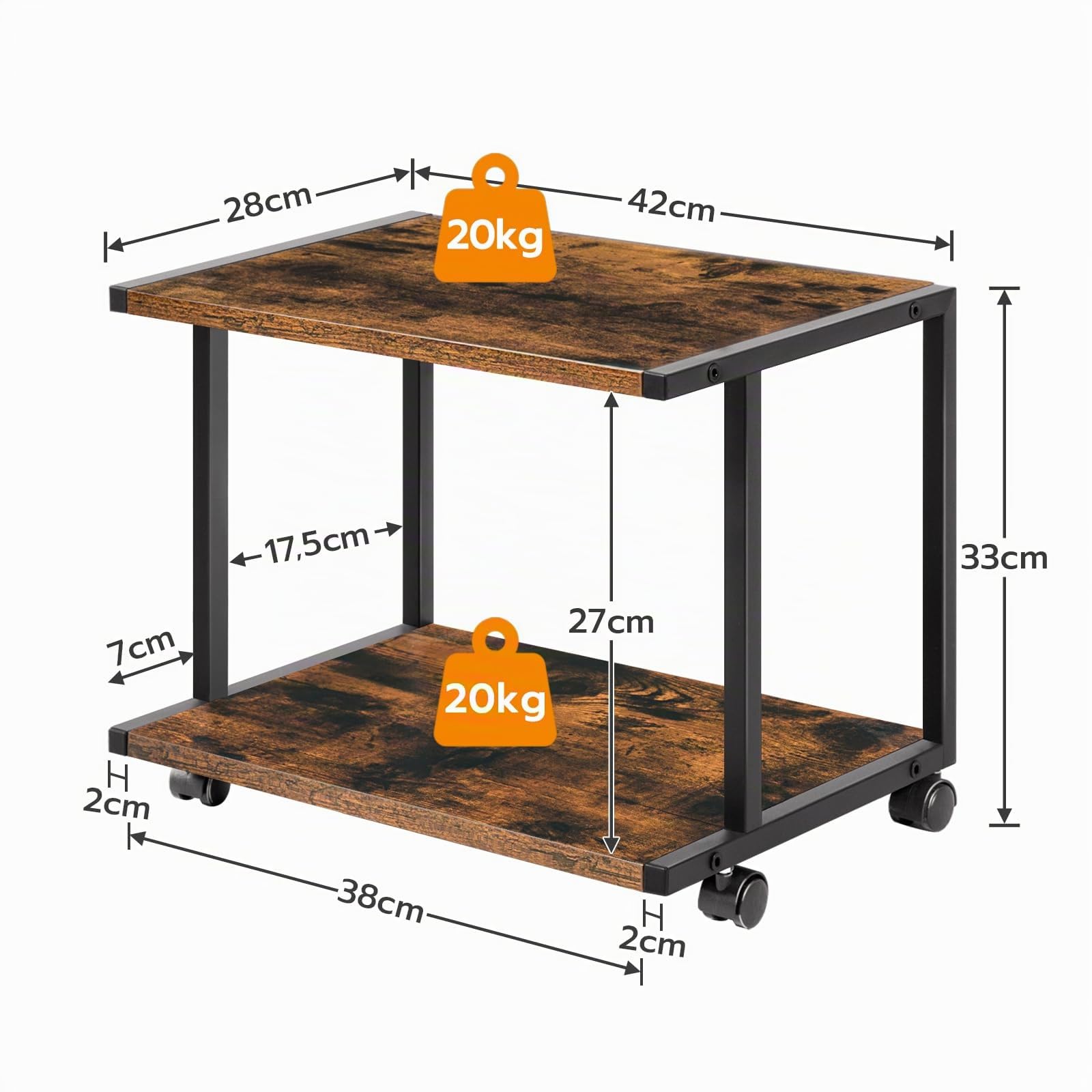 HOOBRO Supporto per Stampante, Carrello Stampante a 2 Ripiani, con Ruote Girevoli a 360⁰, Piedini Regolabili, Design Industriale, Struttura in Metallo, per Ufficio, Studio, Marrone Vintage EBF42PS01