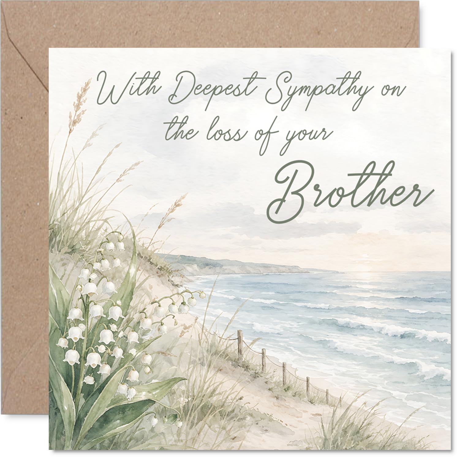 Sympathy Card - Loss of Brother - Gentle Comfort in Difficult Times - Serene Beach and Delicate Flowers Design - Thoughtful Way to Show You Care - 145mm Square, Envelope Included