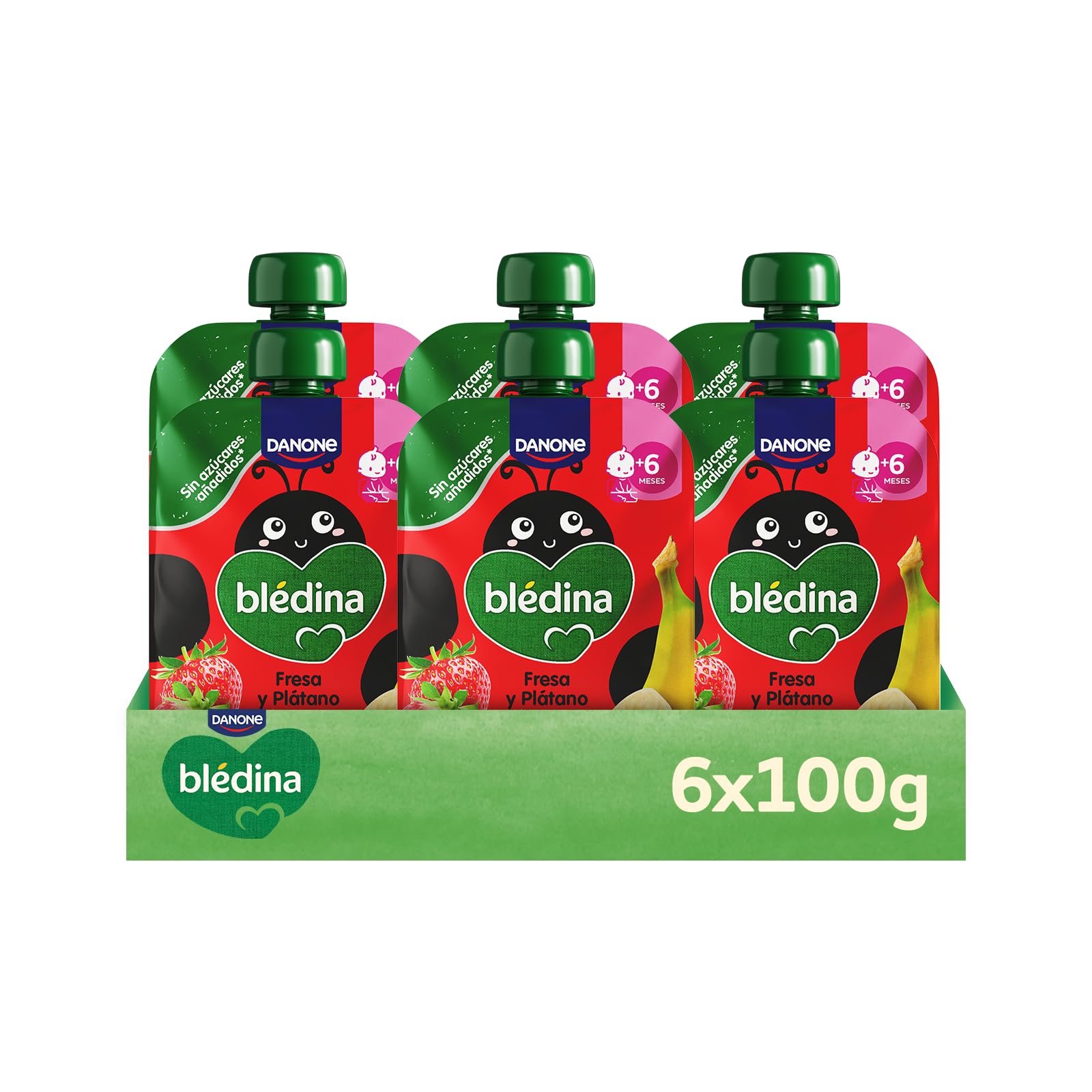 Blédina Bolsitas de Fresa y Platano para Bebé. Pouch 100% Fruta, Sin Azúcares Añadidos y Alto Contenido en Vitamina C, Fuente de Fibra. Desde los 6 Meses, Pack 6x100g