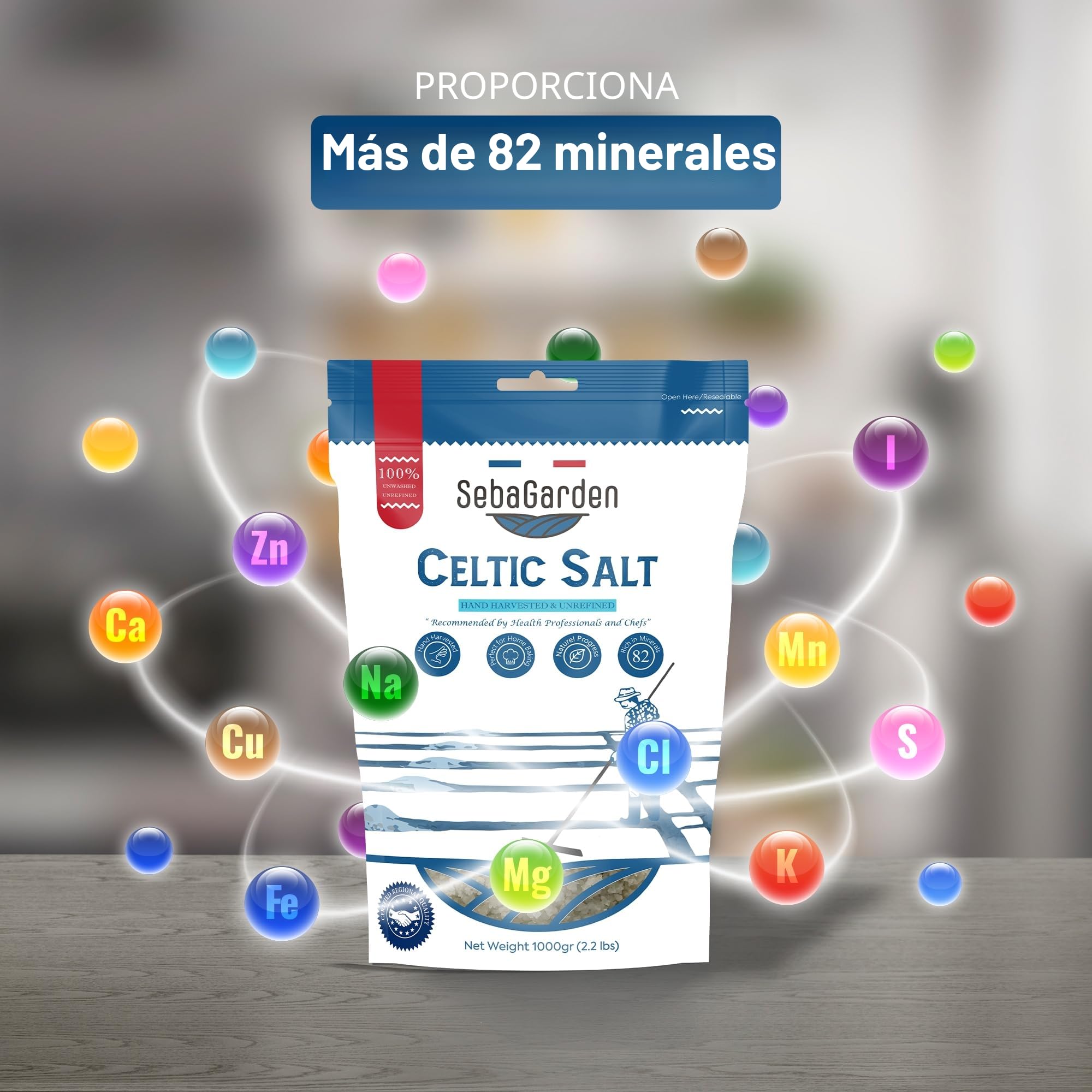 Seba Garden - Bolsa resellable de 1 kg de sal marina celta gris certificada orgánica, cosechada a mano, contiene más de 82 minerales esenciales