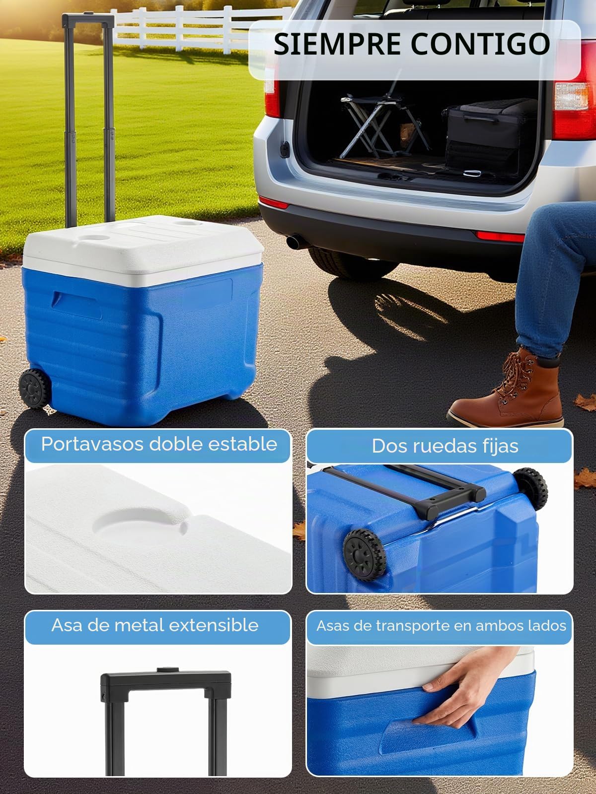 FOHERE Cooler, Nevera Portatil con Ruedas y Asa - 41L de Capacidad, Aislamiento Térmico de Espuma PU, Mantiene la Comida y Bebidas Frías hasta 92 Horas, Ideal para Camping, Playa y Picnics
