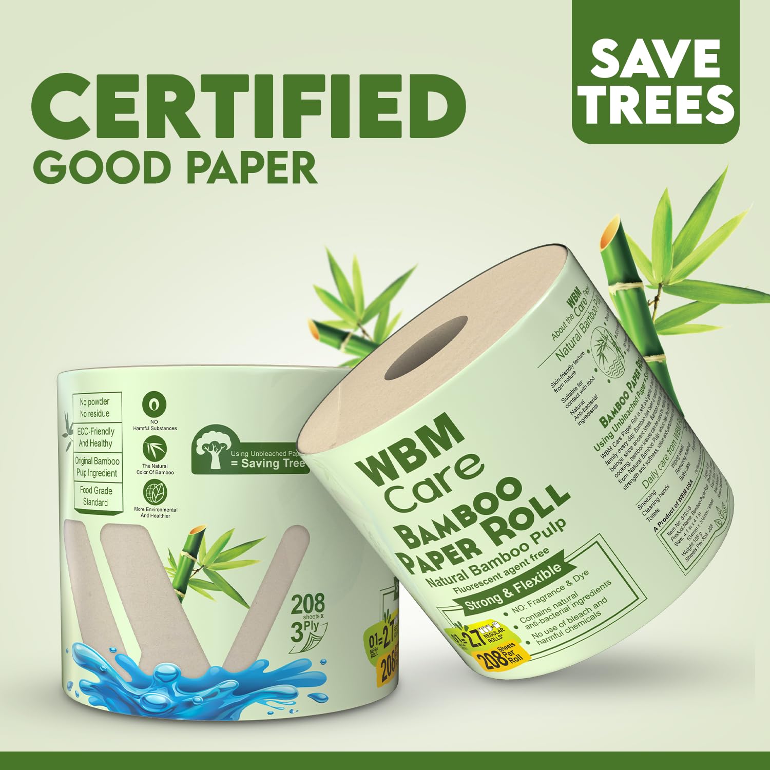 WBM Care W8103-B4-P30-1 - Carta igienica in bambù, forte e flessibile, a 3 strati, completamente naturale, priva di alberi e sicure per l'igiene, 250 fogli, 30 rotoli