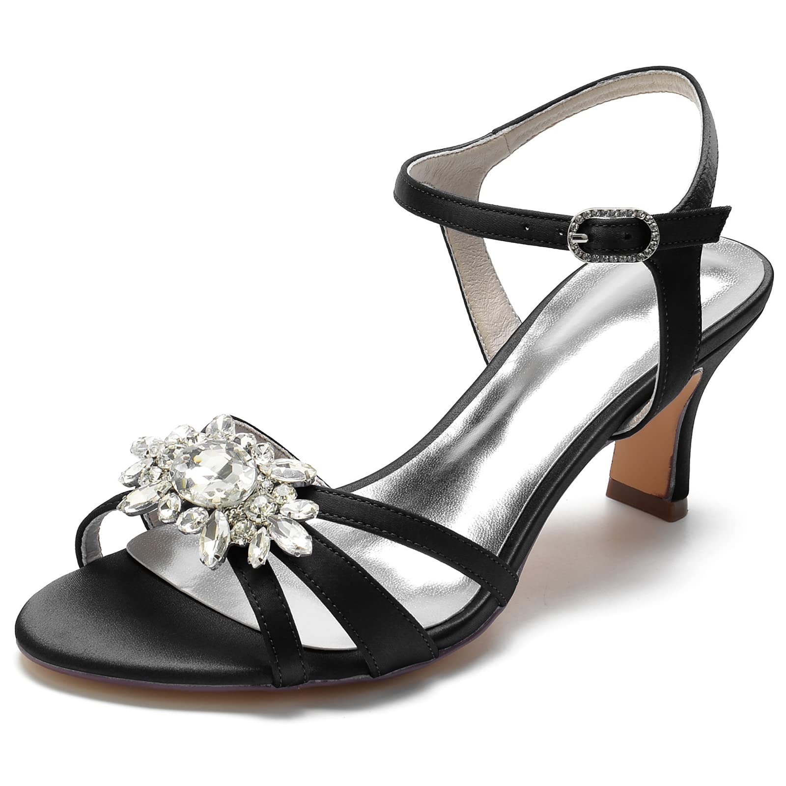 Sandali Donna con Fiori di Strass: Scarpe da Sposa in Raso, Cluster di Cristalli, Tacco 6,5 cm, Sandalo per Cerimonia
