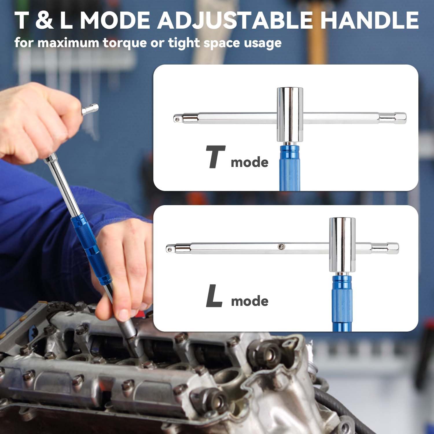 YAKAMOZ 360° Spinner T Handle Wrench - Adjustable 3-Way T-Handle Hex Allen Key Wrench with 1/4’’ 3/8’’ 1/2’’ Drive Adapters T Handle Socket Driver for Car Motorcycle and Home Repair, Cr-V Steel