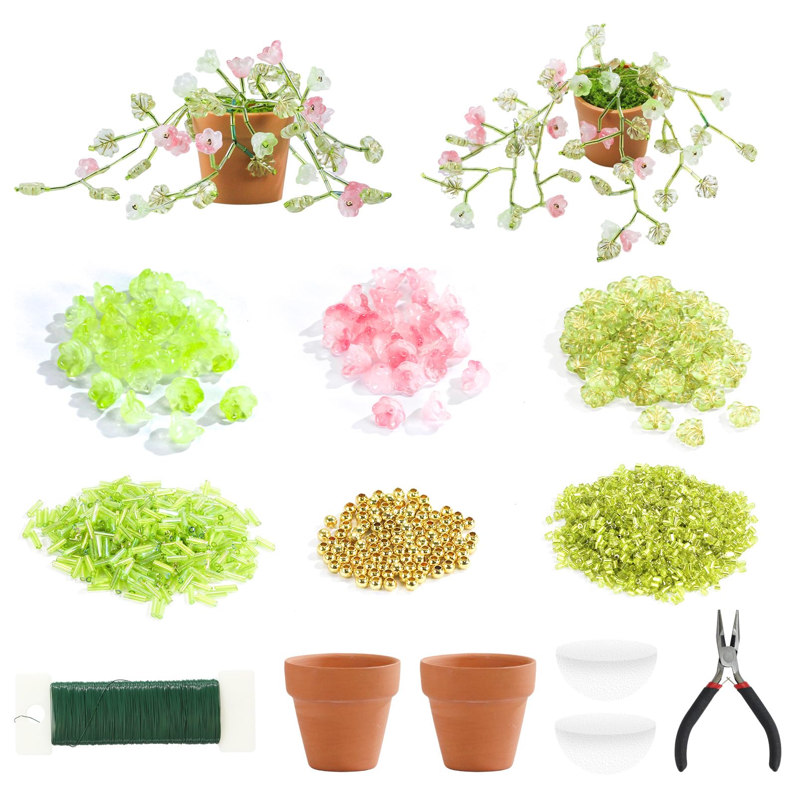 Green Glass Beaded Plant Kit with Pot, Forever Plant Beaded Flower Beads for Succulents Planter Making, Green Crystal Leaf Beads for Jewelry Making DIY Craft with Video Tutorials