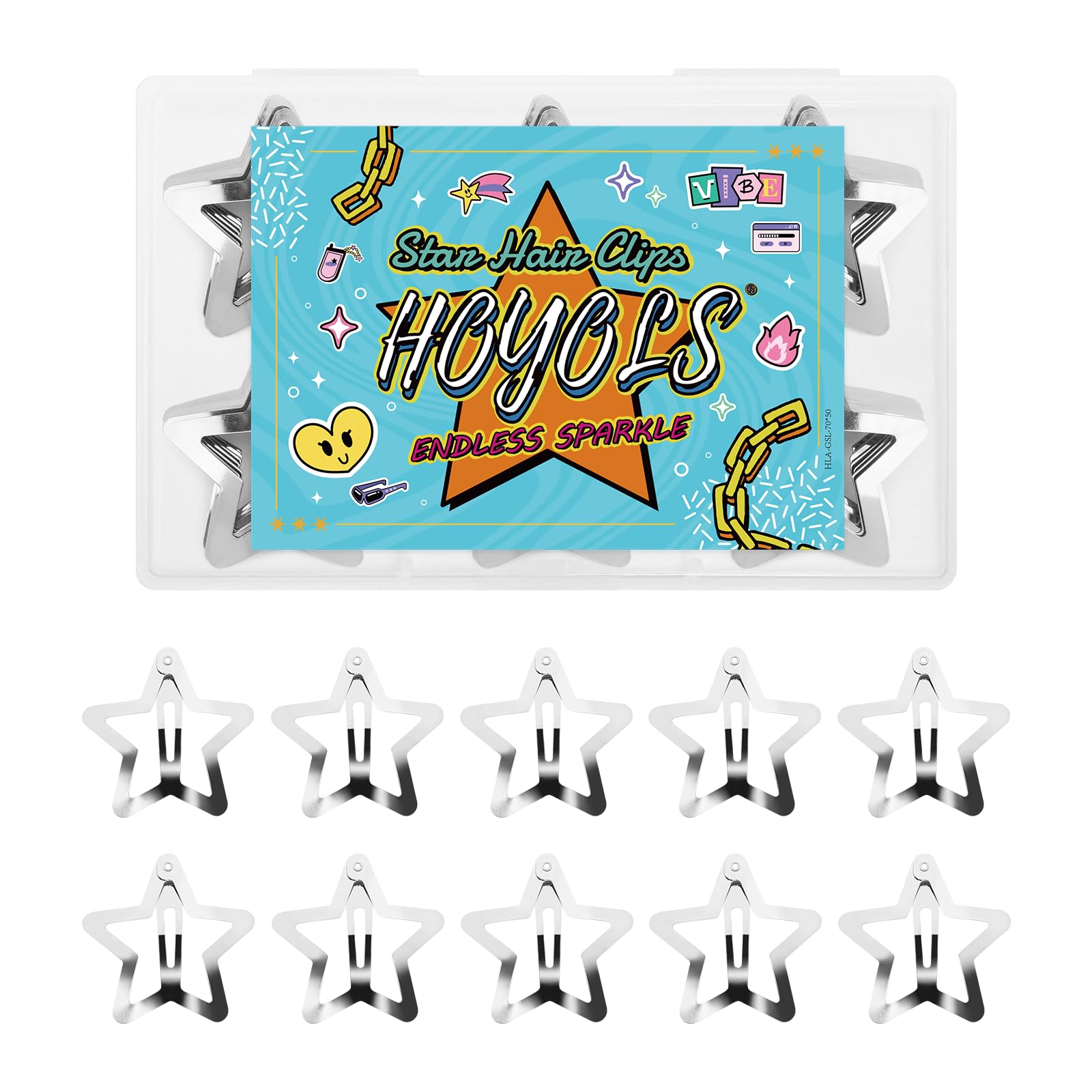 Hoyols 50 Pcs Silver Star Clips, 1.22" Snap Clips for Thick Thin Hair Y2K Rave Festiaval Hair Styling Accessories