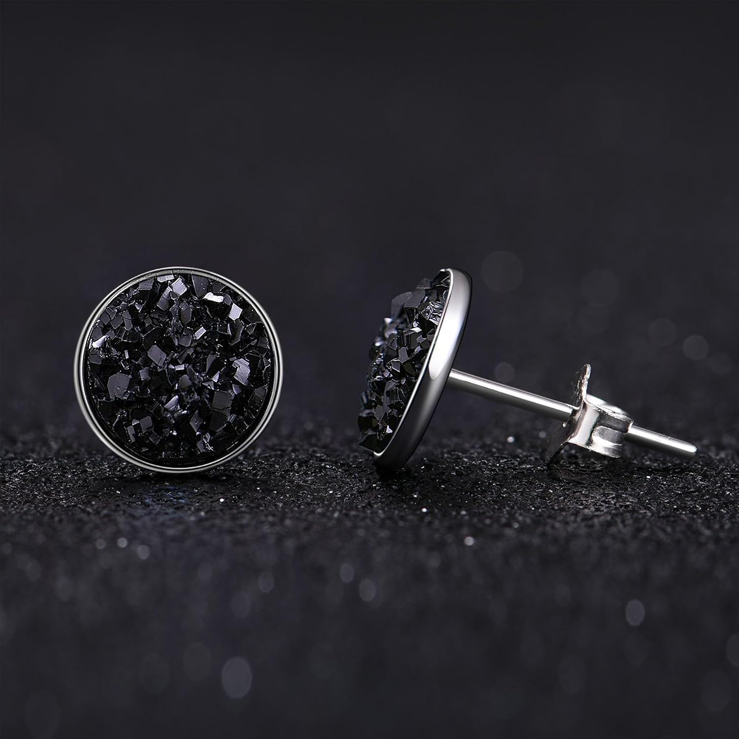 925 Sterling Silver Stud Earrings,Black Purple Blue 8 Color Options Silver Stud Earrings,Round Druzy Earrings Hypoallergenic for Women Men