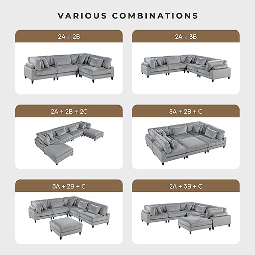 Miniatura 5 de Lexicon Sofá seccional modular, sofá modular de gran tamaño, tapicería de tela de pana, sofá modular con 6 almohadas a juego, 4 plazas en forma de L