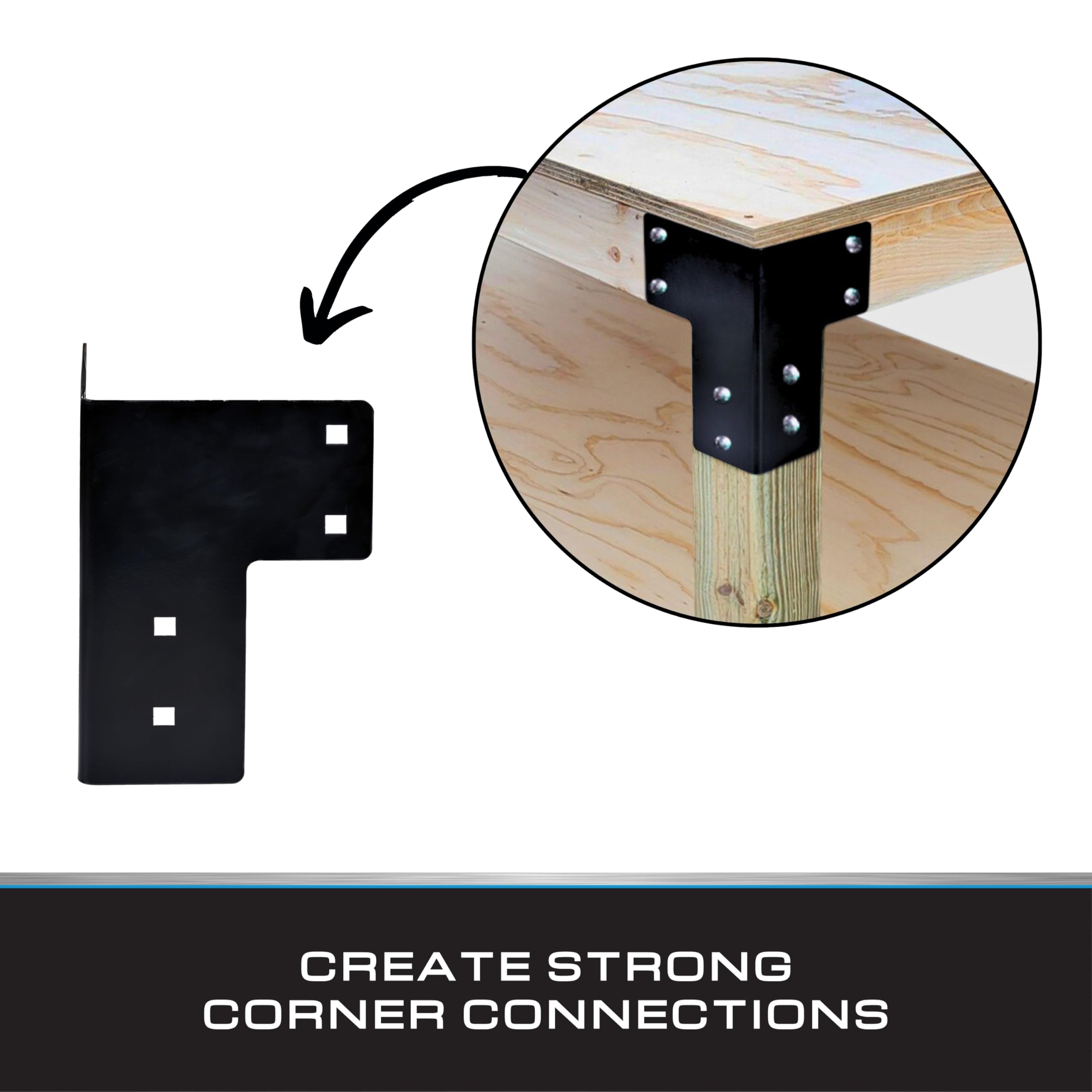 Paquete de 4 soportes de esquina de mesa de trabajo resistentes | Acero al carbono de calibre 11 | Soportes de ángulo recto para bricolaje, mesas de tienda y proyectos de garaje | Revestimiento en