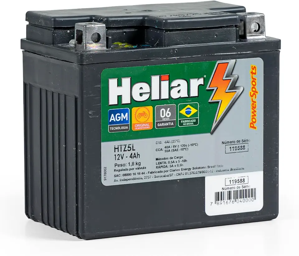 Bateria Heliar 4Ah HTZ5L AGM Selada Para Moto Honda CG Titan Fan 125 150 160 NXR Bros Biz
