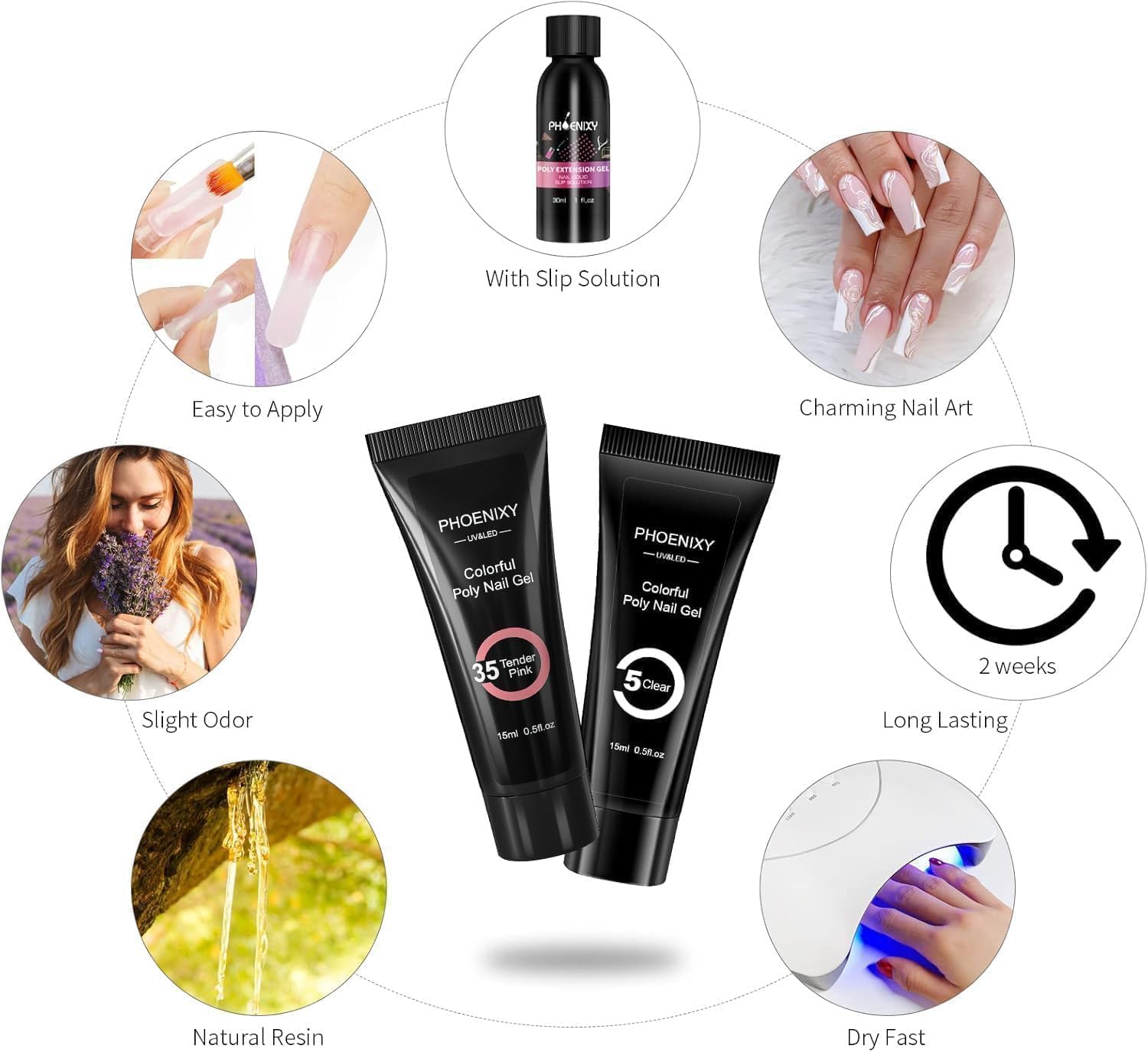 Phoenixy Kit Ricostruzione Unghie 6 Colori Gel Ricostruzione Unghie con Base e Top Coat Soluzione Slip Acrigel per Unghie Set Unghie Gel Ricostruzione Bianco Rosa 15ML