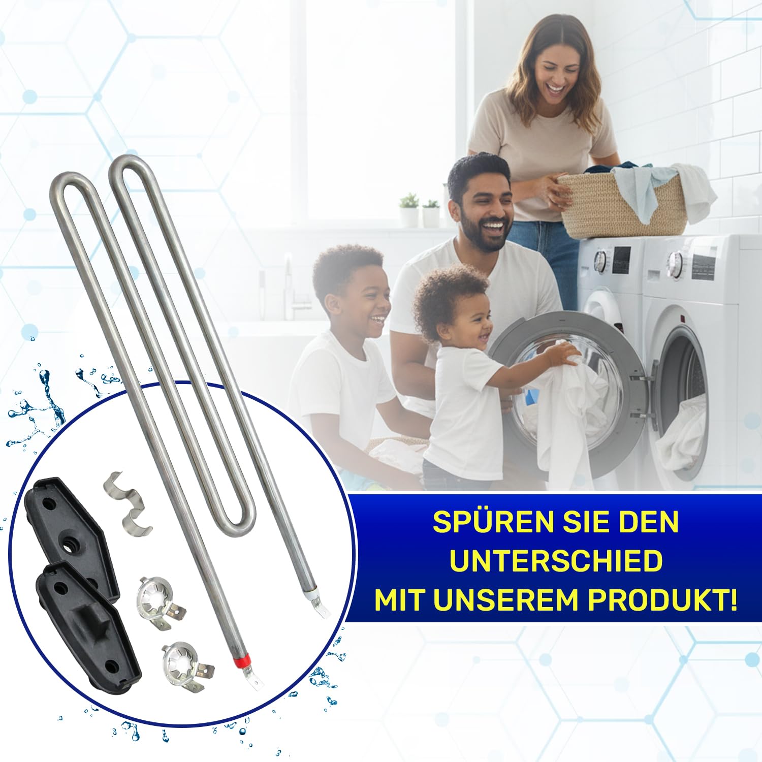 MONTERAL Heizstab Waschmaschine 2100W 230V ohne Flansch mit Dichtungen mit Originalcode 6260485 6260482 6260483 für Miele - Garantie 10 Jahre