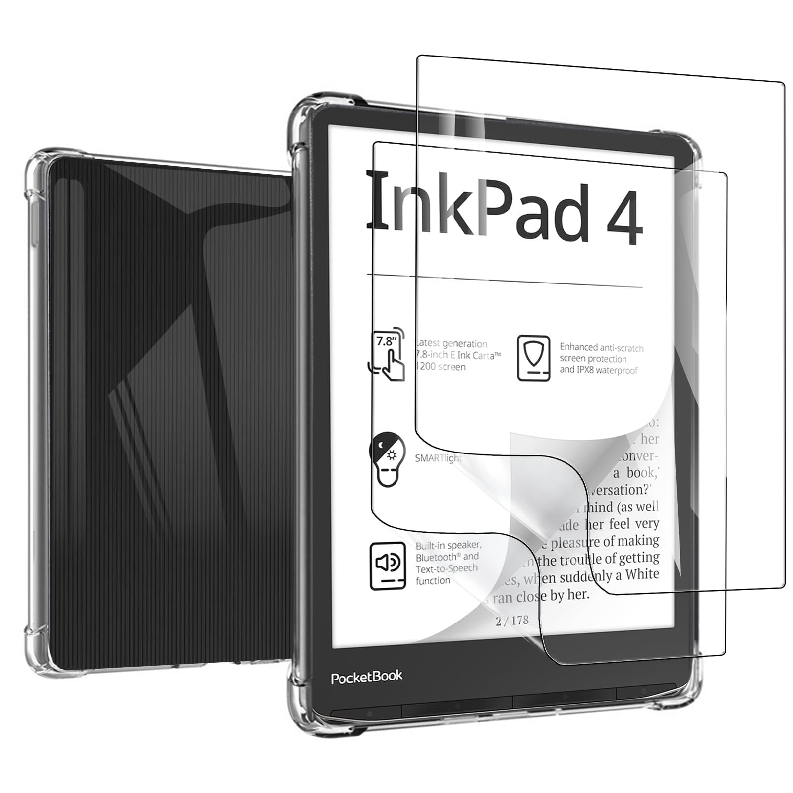 MEMELOKA Funda para Pocketbook InkPad 4/Color 3/Color 2 + Cristal Templado, Carcasa TPU Transparente Flexible Anti-arañazos con Esquinas Reforzadas, Silicona Ultrafina Anti-Choques Funda