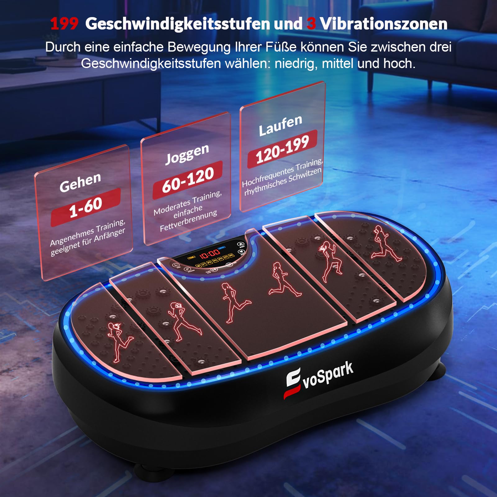 Vibrationsplatte, Vibrationsplatte Testsieger 2026 mit 6+1 Trainingsmodi, 9 coolen LED-Lichtern Vibration Plate für Zuhause, Power Llate mit 200W Bürstenlose Motoren,199 Geschwindigkeiten