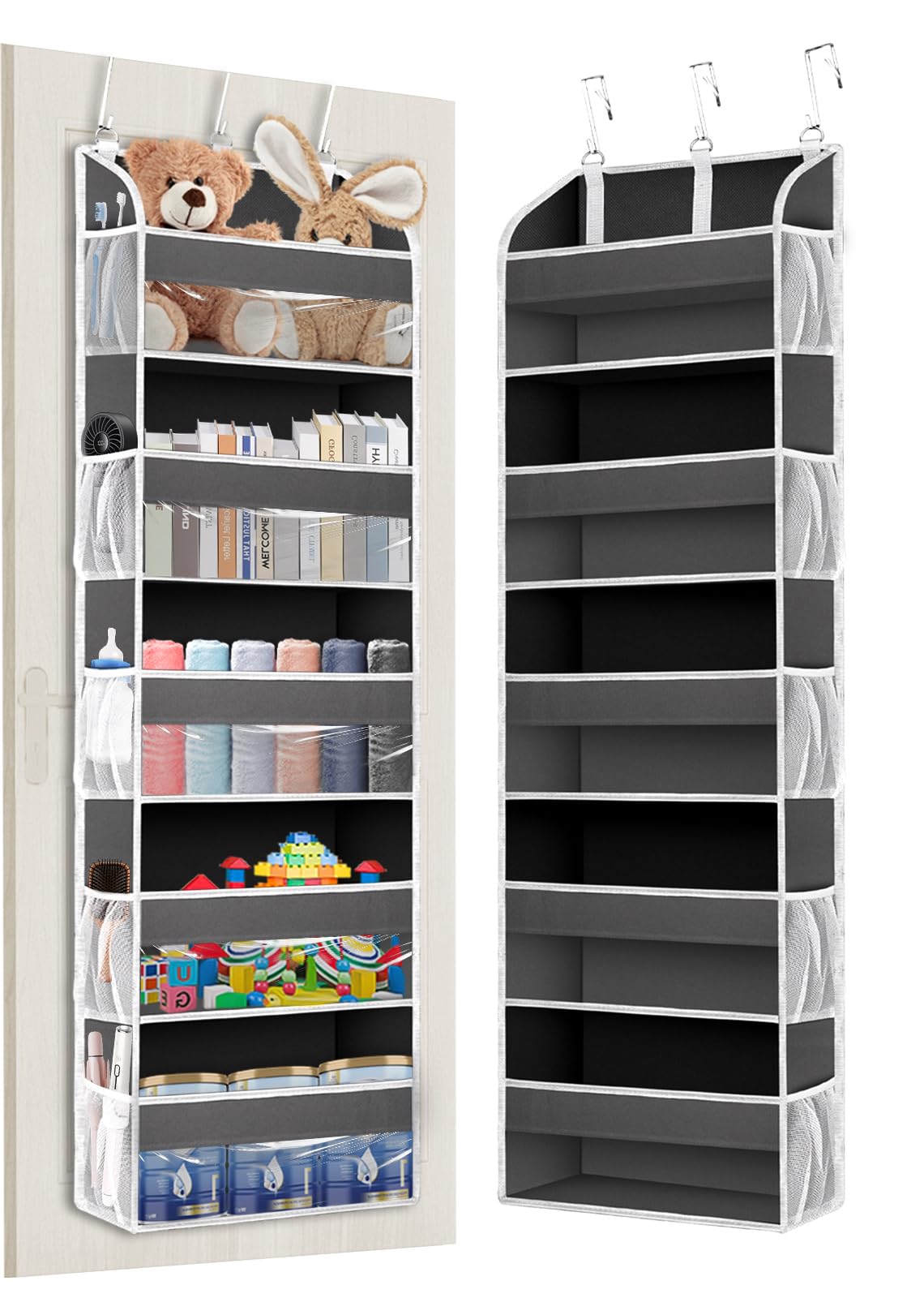 1 Pack Over The Door Organizer Storage, Hanging Organizer Closet with 5 Large Pockets 10 Mesh Pockets, 44 lbs Weight Capacity, Behind Door Storage for Nursery Bedroom Bathroom (Dark Grey)
