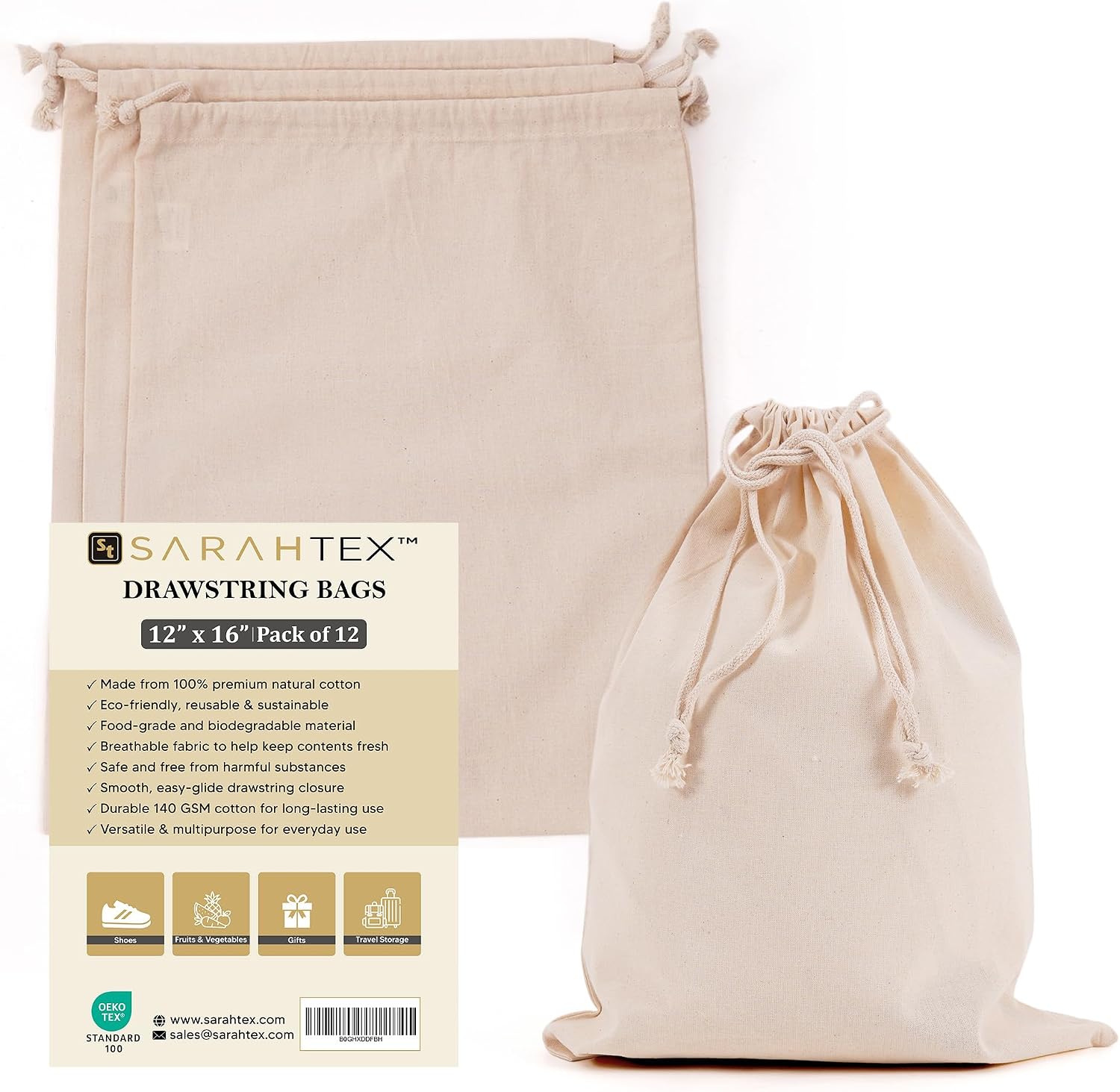 12" x 16" Premium 100% Cotton Drawstring Bags 12 Pack, 140 GSM Large Cotton Storage Bags for Clothing, Shoes, Travel, Laundry, Gift Packaging, Wedding Favor Bags, Eco Friendly Reusable Pouches