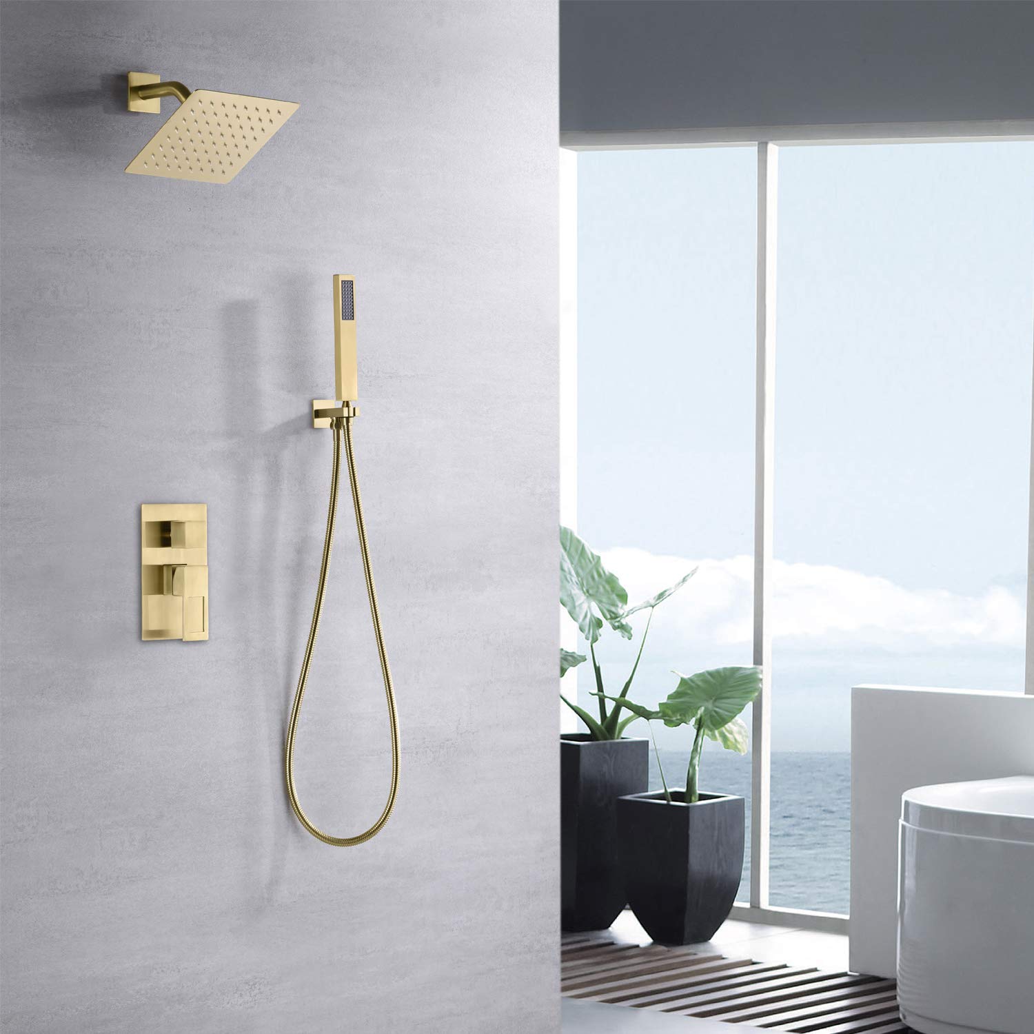 Sistema de Ducha en Oro Cepillado S3218BGI + Grifo de bañera Mural Tipo Cascada S1364BGW