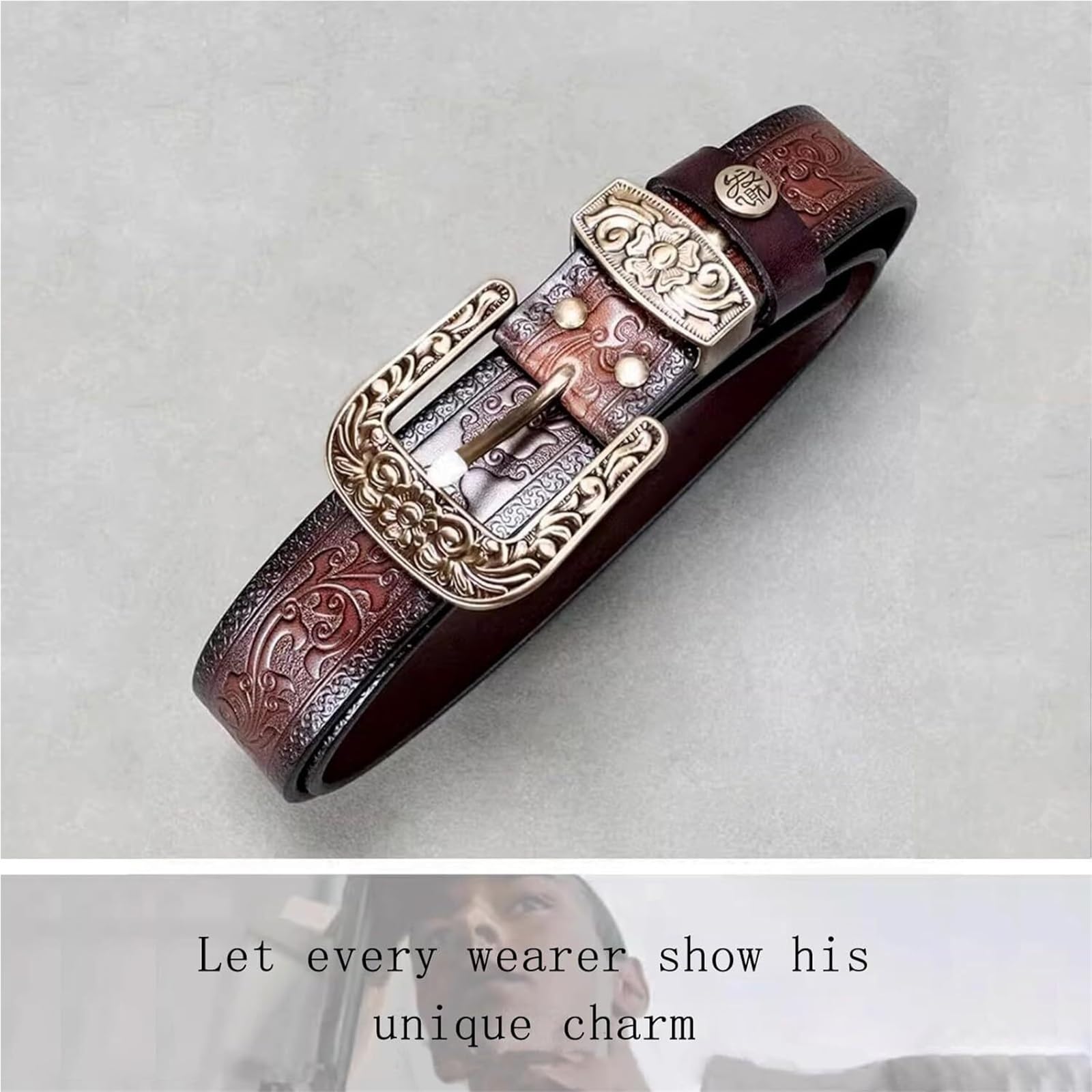 Cintura western da uomo, Cinture da cowboy occidentali for uomo e donna, cintura in pelle goffrata con fibbie in rame for jeans, cinture country vintage regolabili