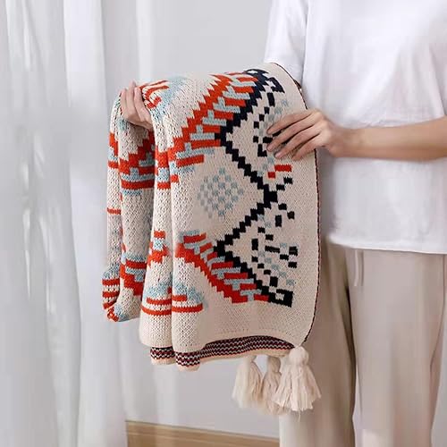 Miniatura 9 de Manta azul, manta tejida bohemia con borlas, manta suave y colorida para sofá, cama y sala de estar, azul y naranja (50 x 60 pulgadas)