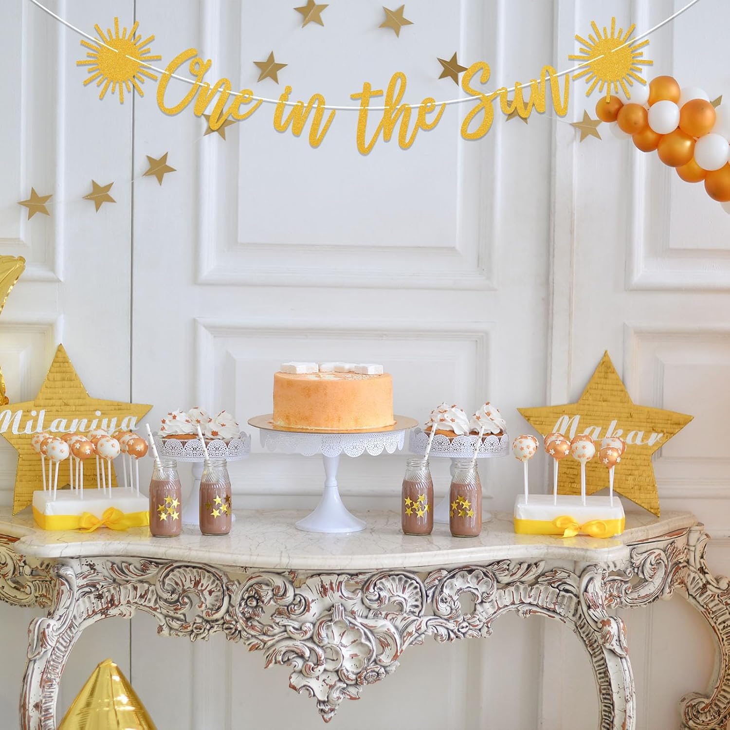 One in the Sun Banner - Sunshine 1st Birthday Party Decorations for Boy or Girl First Lap Around the Sun Birthday Party Sign Summer 1st Bday Party Decor Gold Glitter