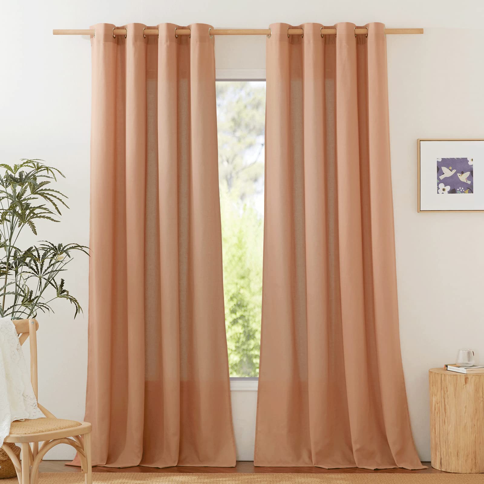 NICETOWN Linen Burnt Orange Curtains 90 inch Length 2 Panels, Grommet Privacy Added Thick Flax Linen Burlap Semi Sheer Light Filtering Window