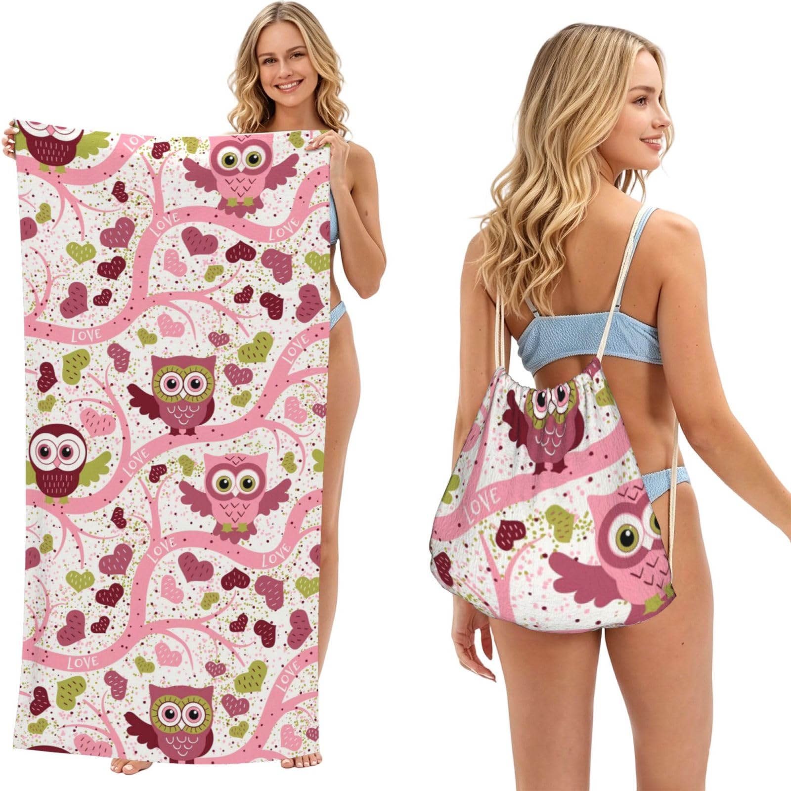 Poadnly Cute Owl, 2 in 1 Packable Towel Bag, Beach Towels with Drawstring Backpack for Travel Holiday Camping