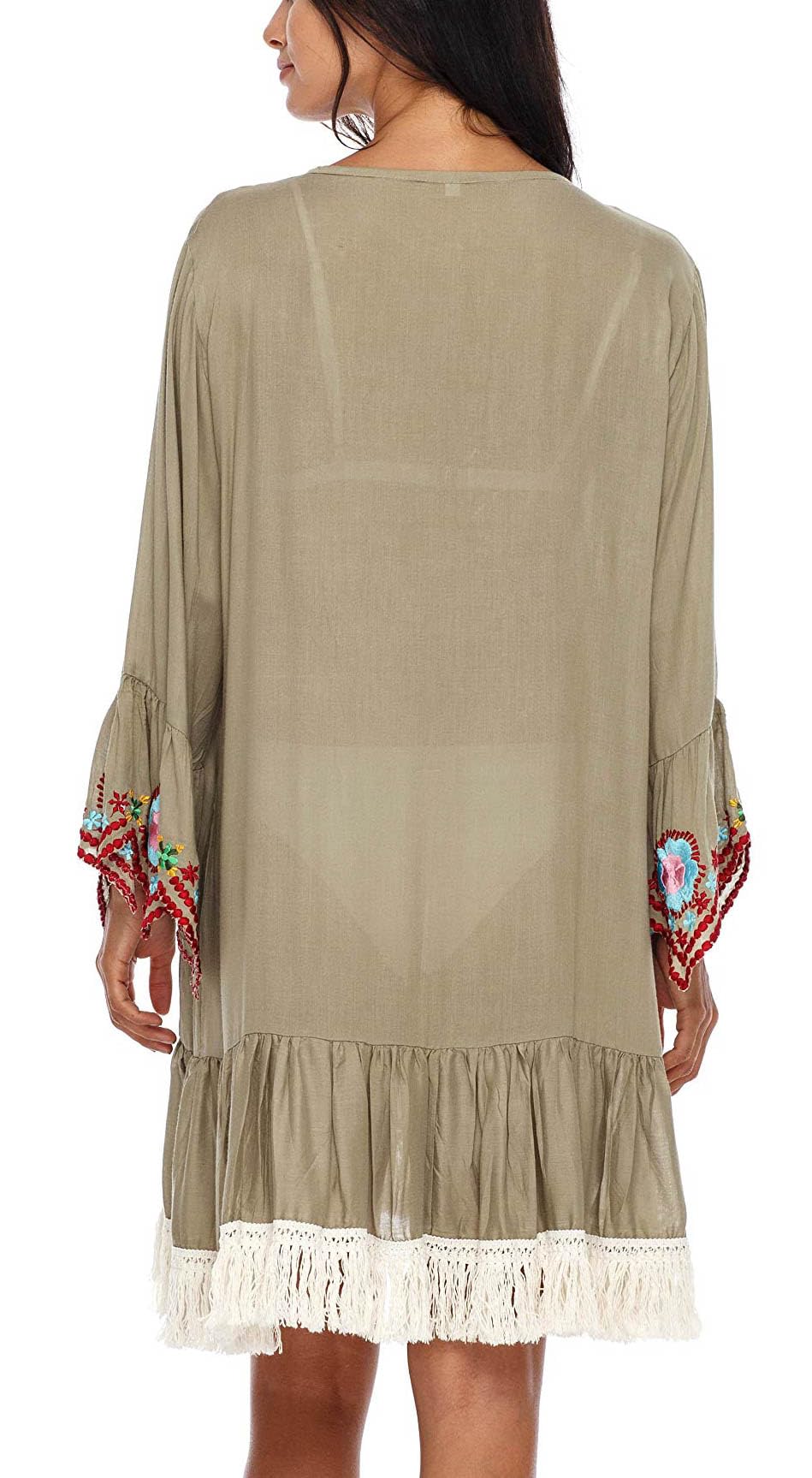 SHU-SHI Abito corto da donna ricamato con maniche a campana, stile bohémien, stile casual