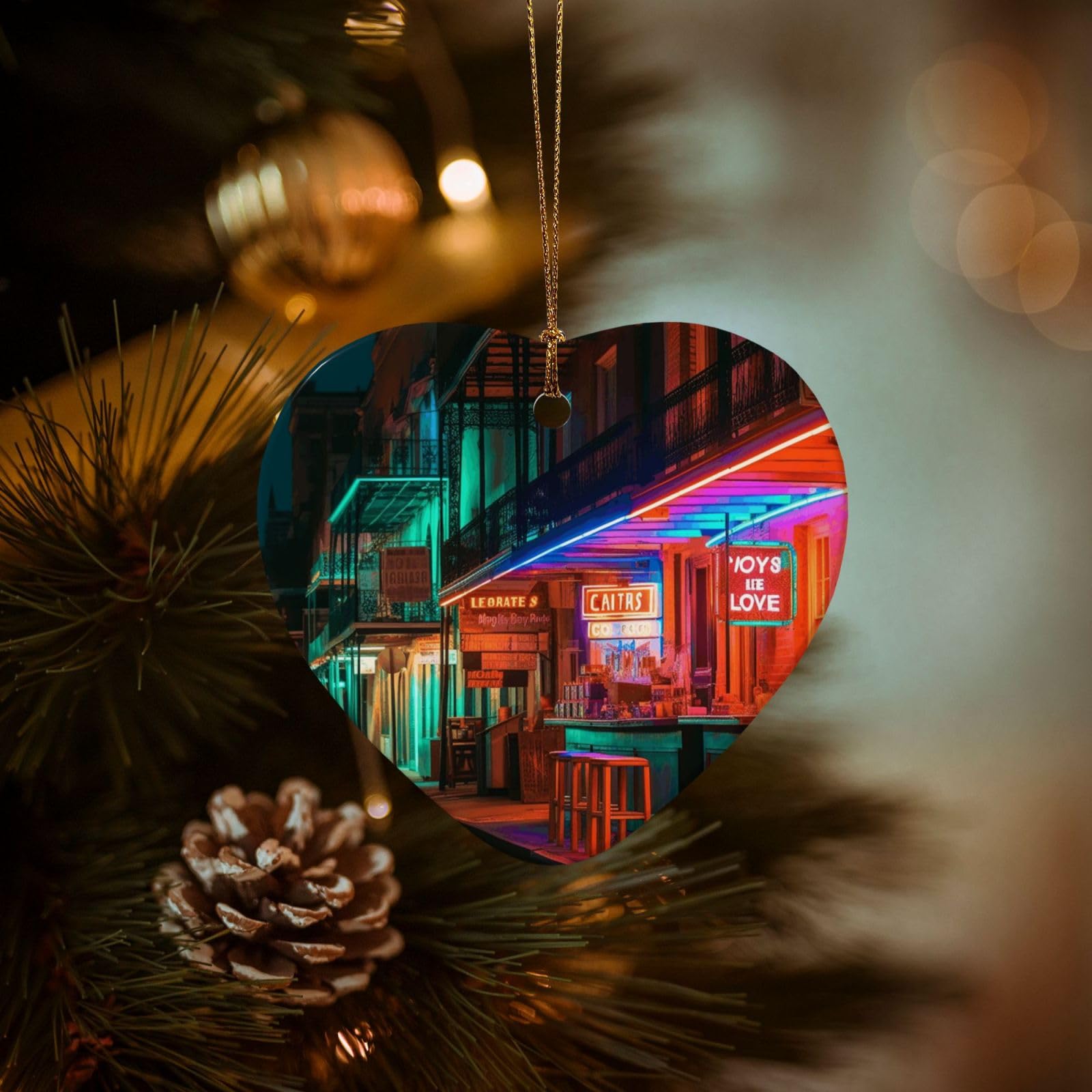 Christmas Ornaments for Christmas Tree Decoration Hanging Bars Neon Lights Ornament with Gold Ribbon Crafts Heart Shape Ceramic Pendant for Keepsake Gifts Xmas Decor Party Supplies