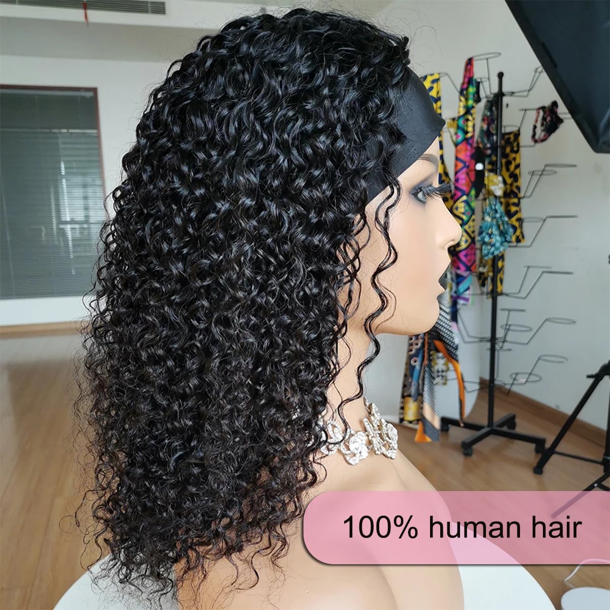 Headband Wig Human Hair Kinky Curly 14 Inch Glueless Headband Wig Remy Curly None Lace Front Wigs Human Hair for Black Women 180% Density Briazilian Afro Half Wig Natural Color - Image 3