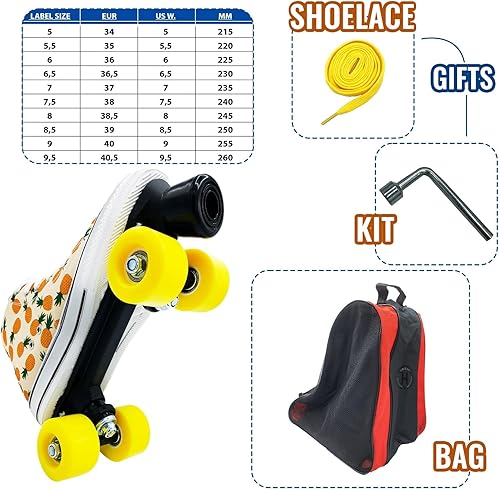 Miniatura 3 de HASERD Patines para mujer con bolsas, patines de lona ajustables de doble fila para niñas, diseño temático de fresa y piña, estilo de tenis de lona