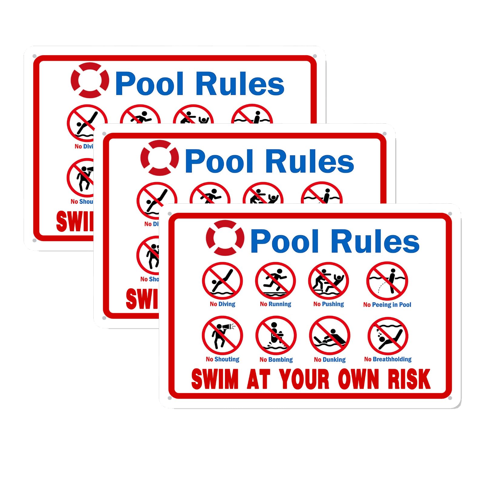 3 Pack Pool Rules Sign - Warning Safety Signs For Swimming Pool Water Park Decor 8"x12" Aluminum Sign
